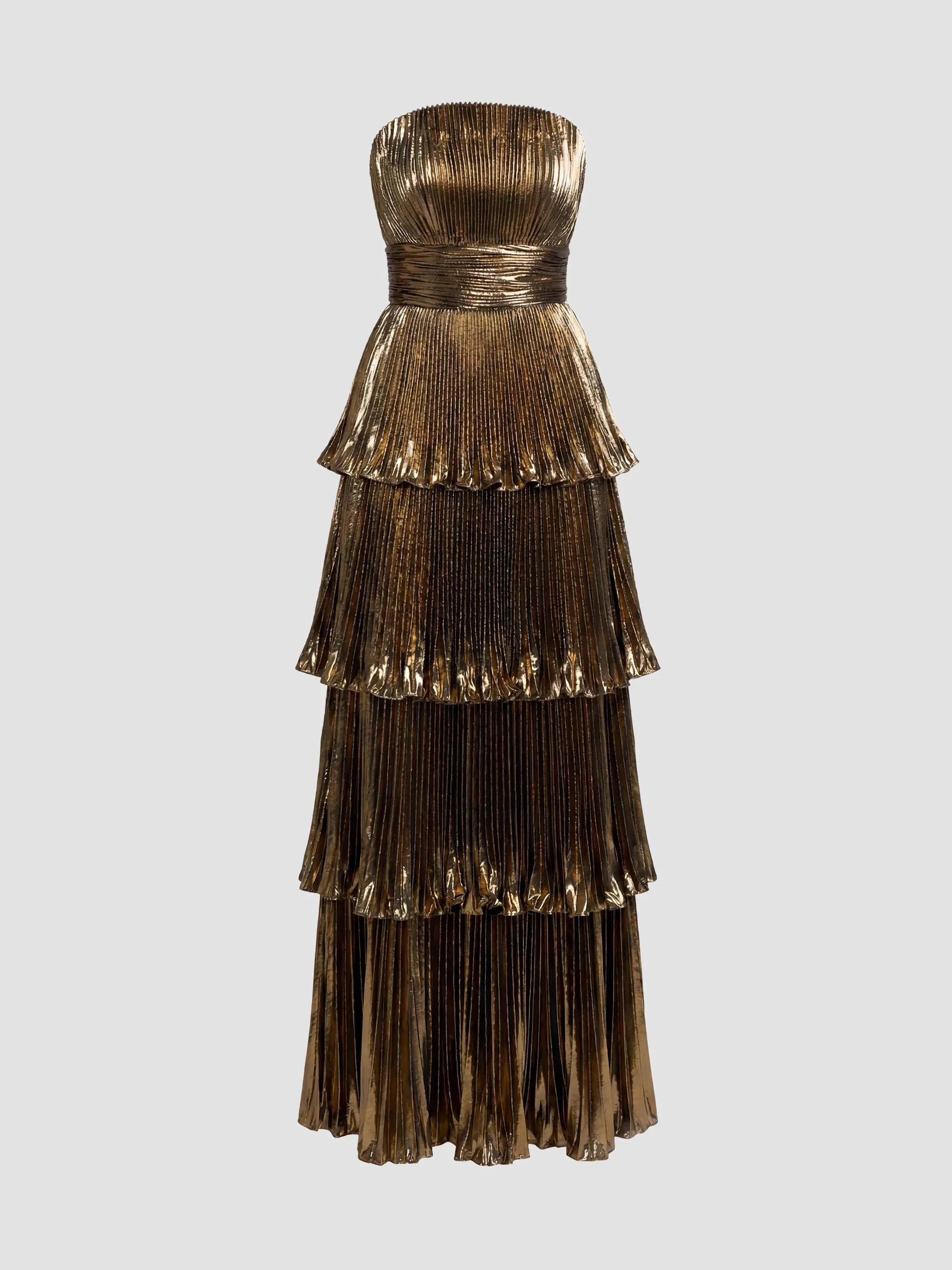 Women's Metallic Pleated Strapless Tiered Gown - Antique Gold - 1
