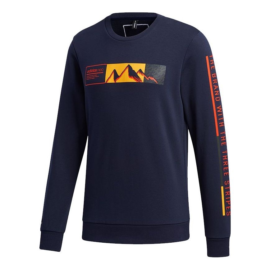 Men's adidas neo Ss Cs Swt Mountains Pattern Alphabet Printing Round Neck Sports Navy Blue GM2284 - 1