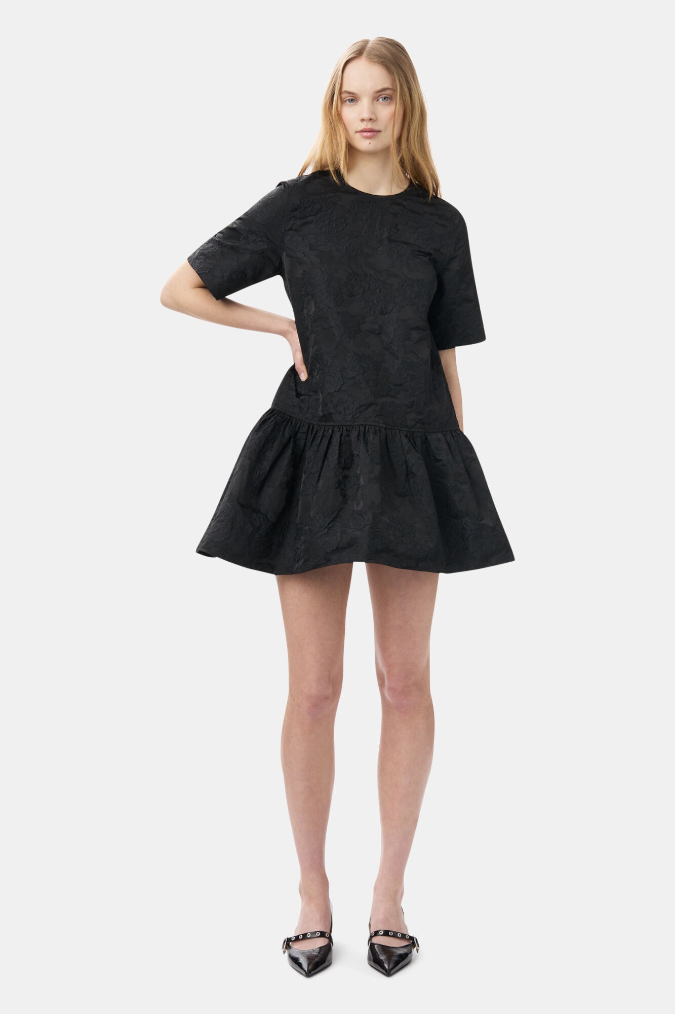 GANNI BLACK BOTANICAL JACQUARD OPEN-BACK MINI DRESS | REVERSIBLE