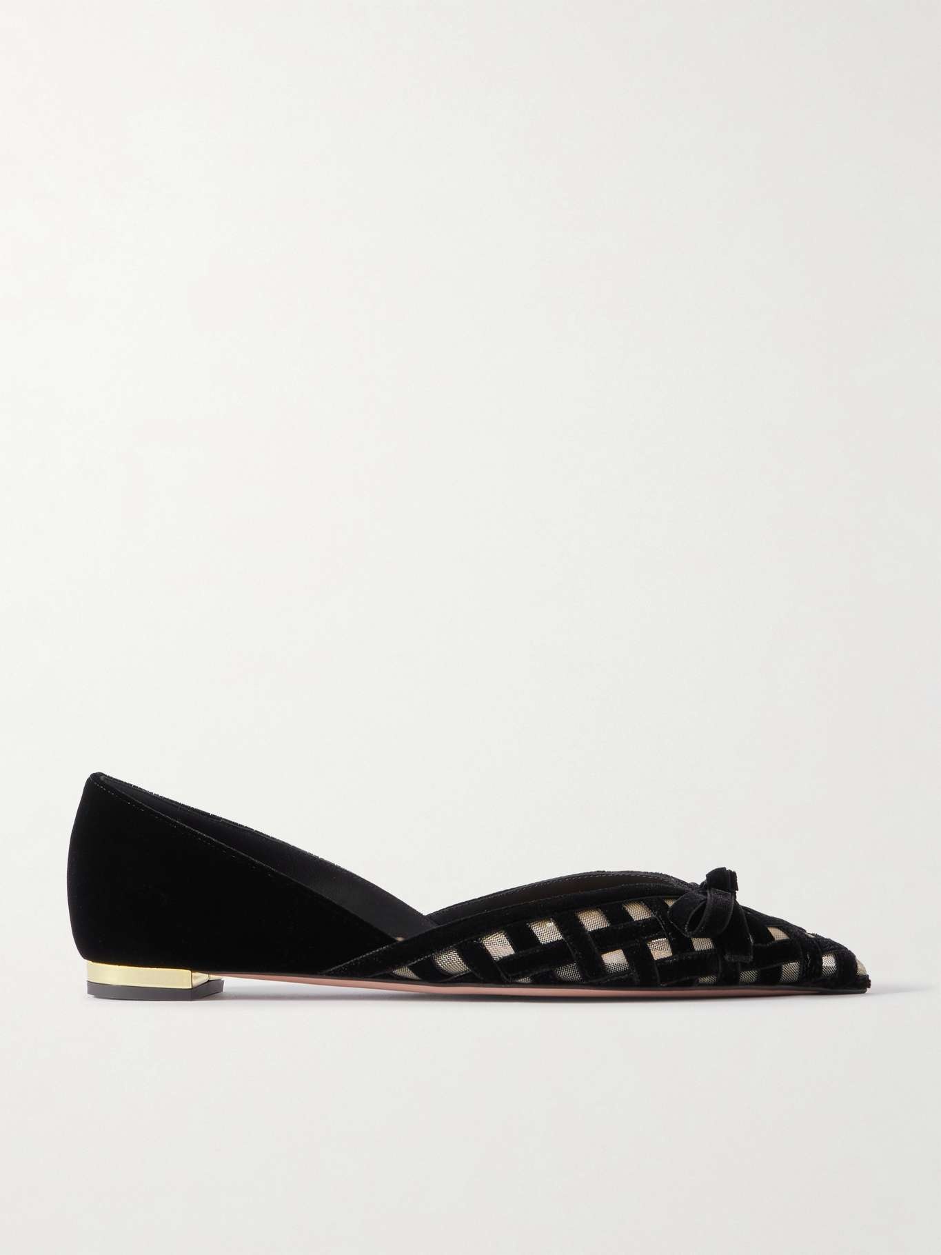 Romance bow-embellished mesh-trimmed velvet pointed-toe ballet flats - 1