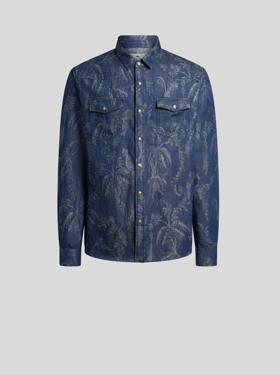 SHIRT IN COTTON AND LINEN JACQUARD DENIM WITH PARROT AND PALM TREE MOTIF - 1