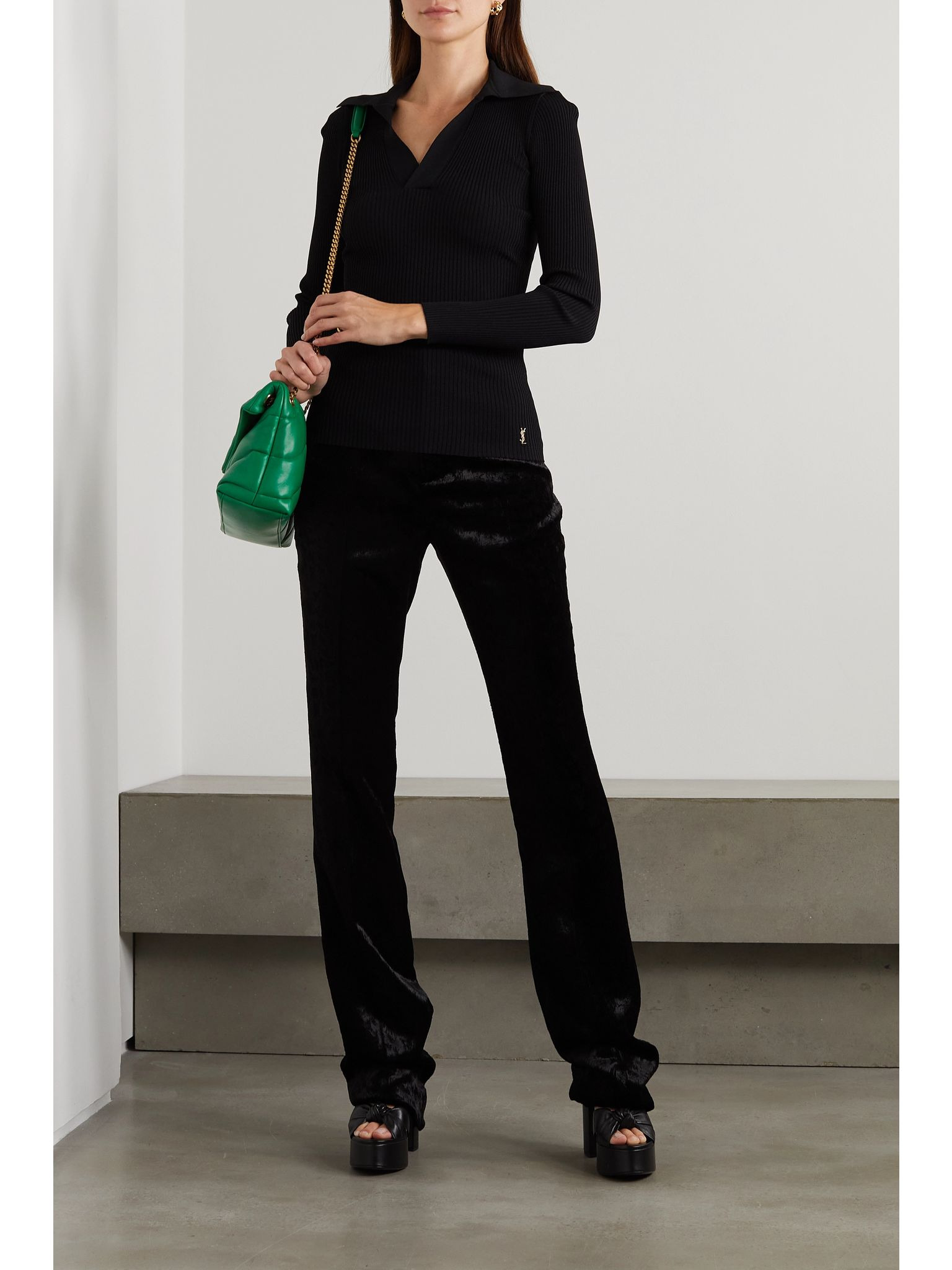 Embellished ribbed-knit polo sweater Black - 2
