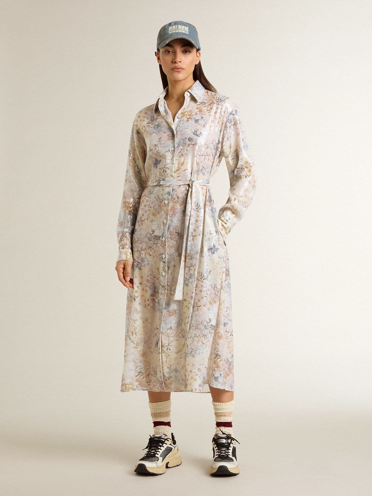 Women's shirt dress with multicolor sequined floral print - 2