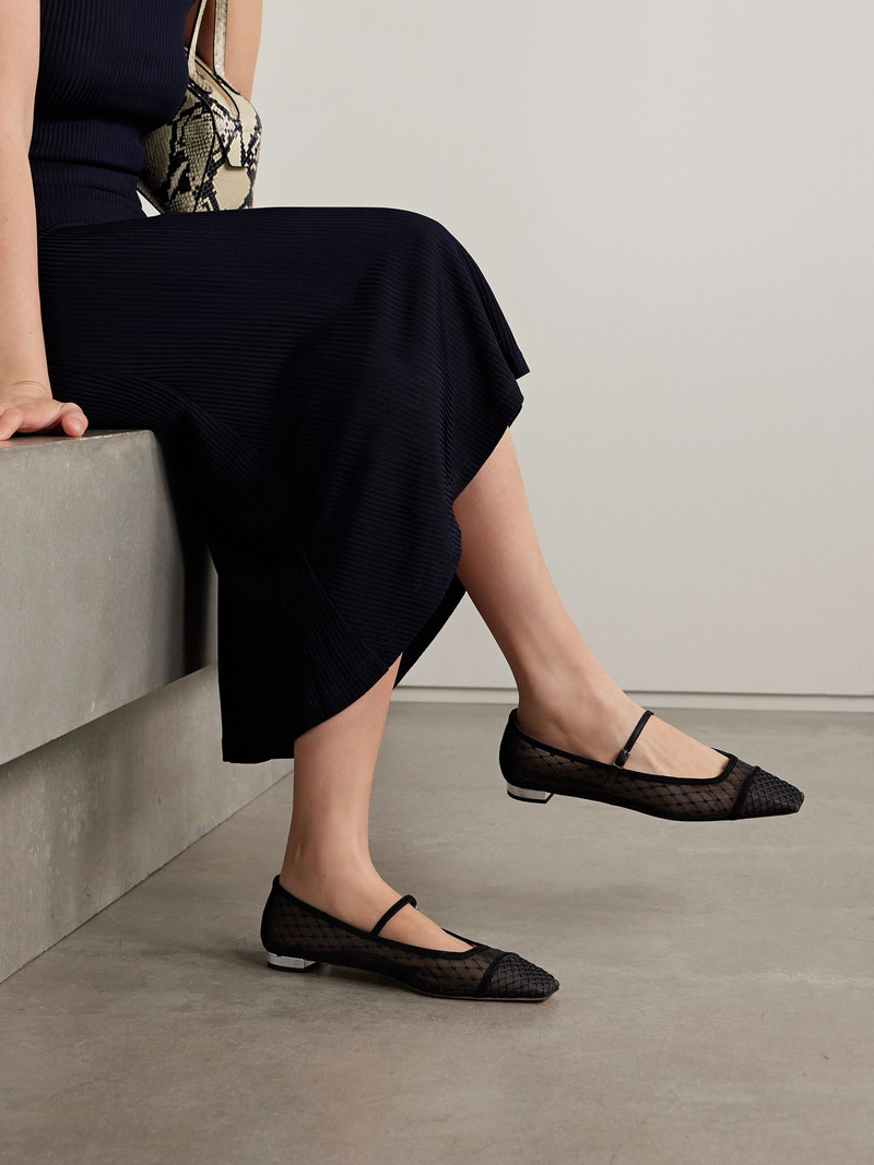 AQUAZZURA Juliette velvet-trimmed embroidered mesh ballet flats Black outlook