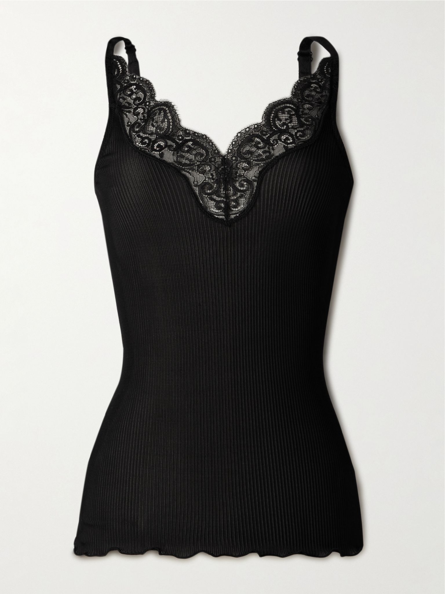 Lace-trimmed ribbed silk-jersey tank top Black - 1