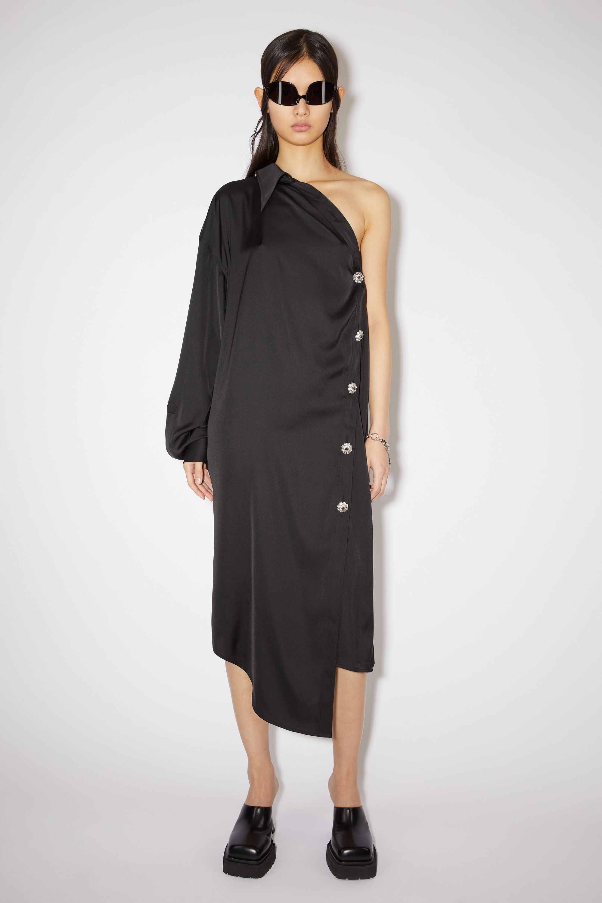 Satin asymmetric shirt dress - Black - 2