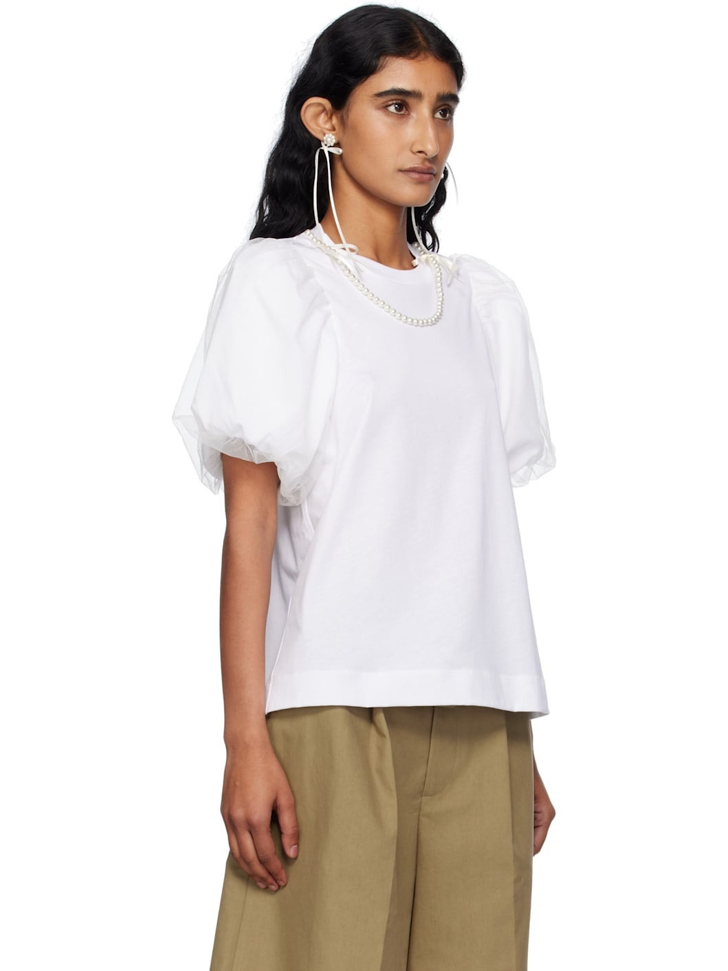 White Embellished Tulle Overlay Puff Sleeve T-shirt - 2