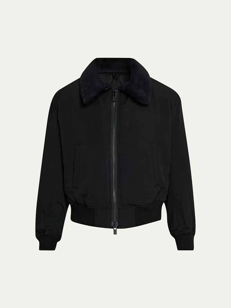 Men's Wool Gabardine Flight Jacket with Removable Faux Fur Collar - 1