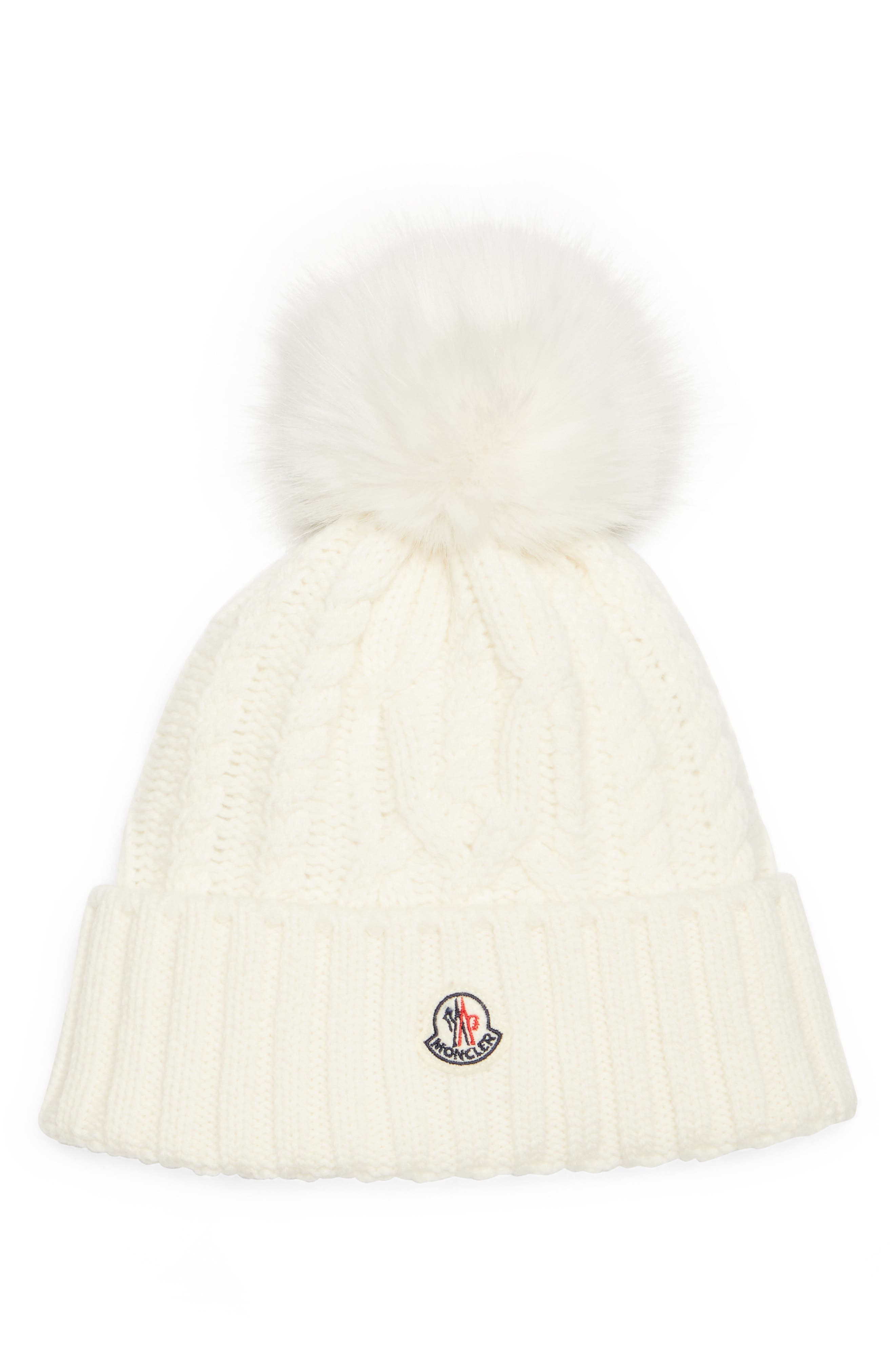 Virgin Wool & Cashmere Rib Beanie with Faux Fur Pompom - 1