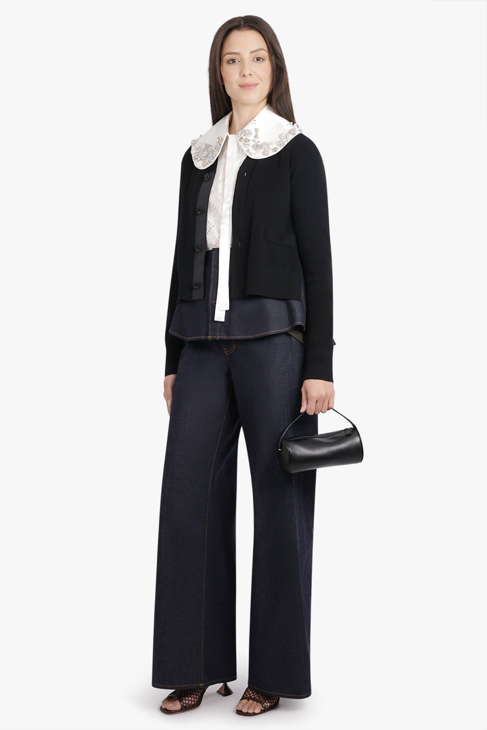L/S KNIT CARDIGAN WITH DENIM UNDERLAY | BLACK/INDIGO BLUE - 2