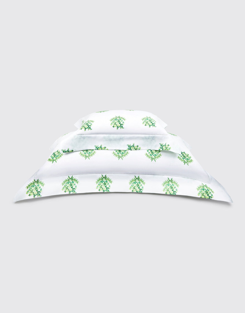 Amalia Pillow Slip in Green Floral Print on White Linen 4