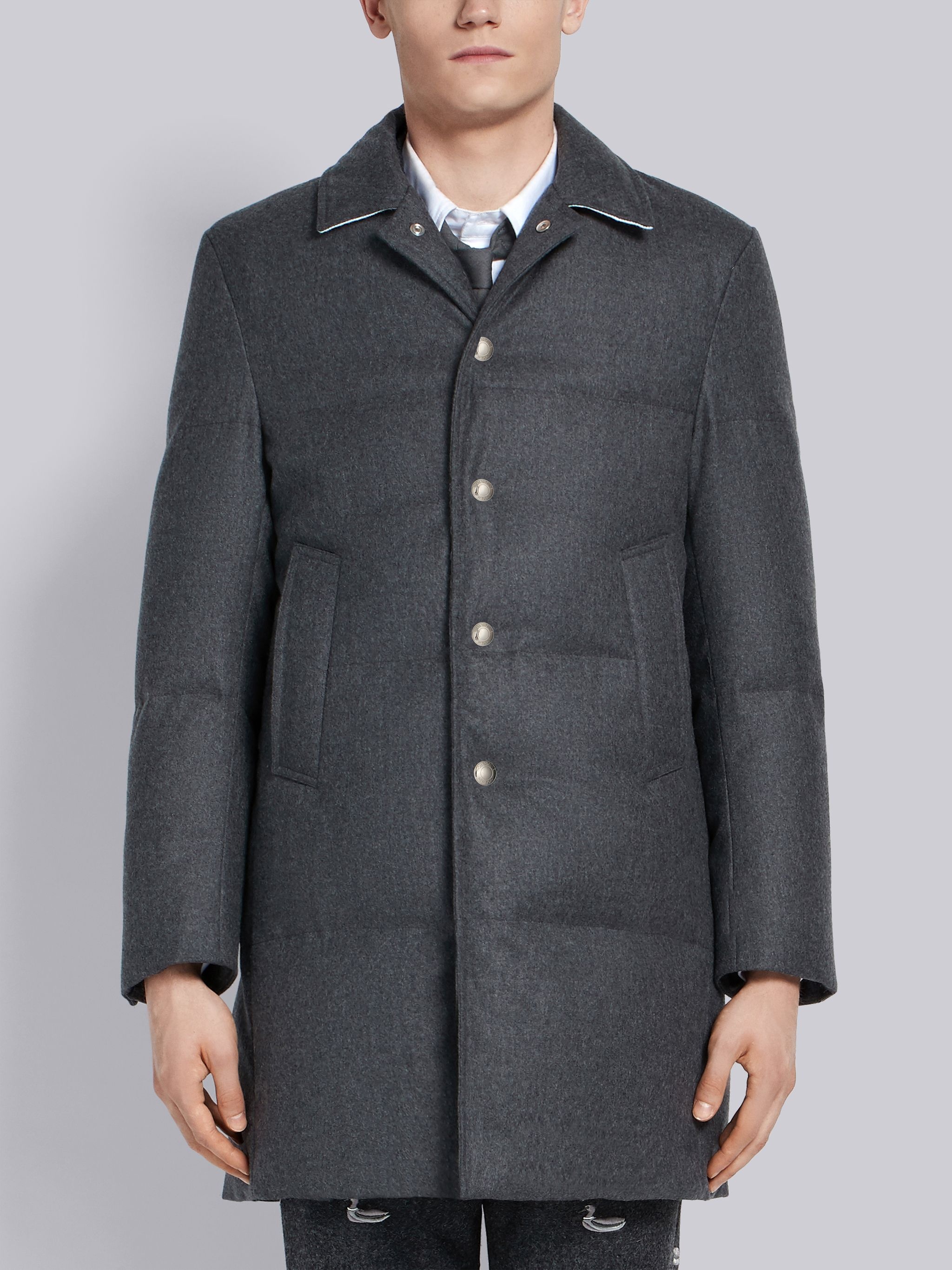 Dark Grey Down Filled Solid Wool Flannel Bal Collar Overcoat - 1