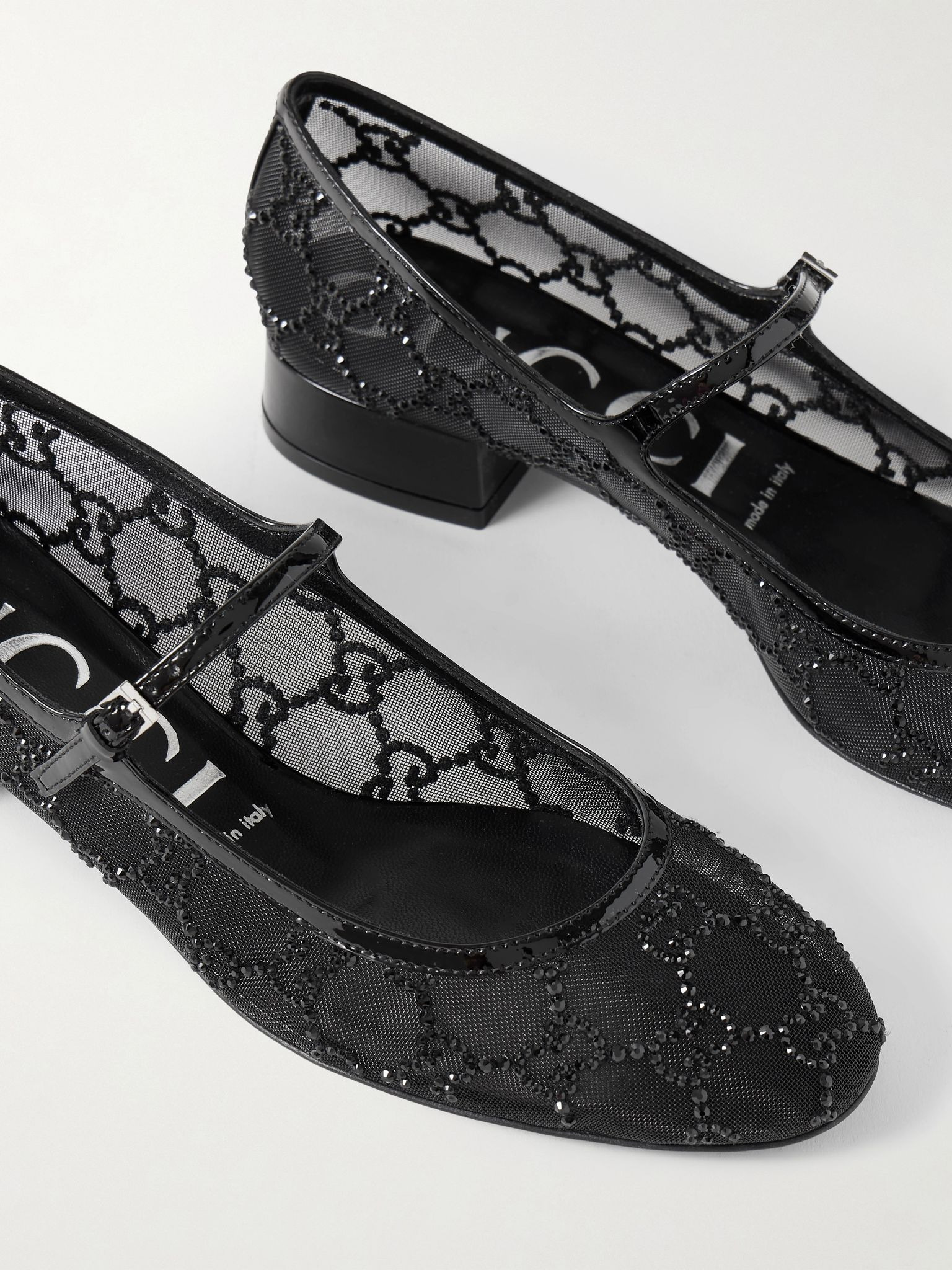 Charline patent leather-trimmed crystal-embellished mesh Mary Jane pumps Black - 4