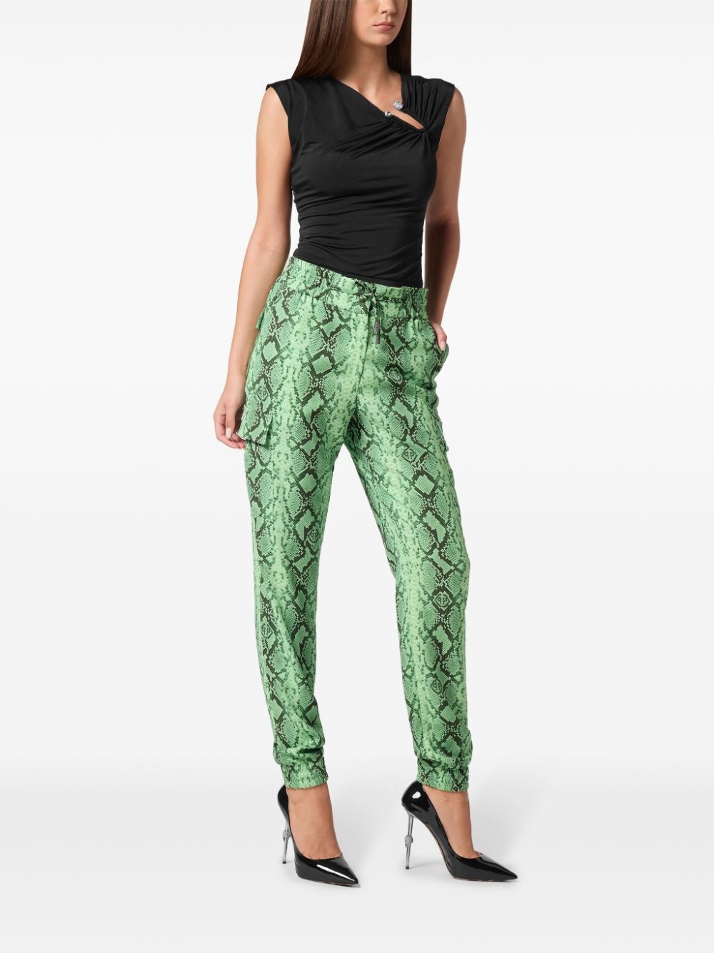 python-print satin cargo trousers - 2