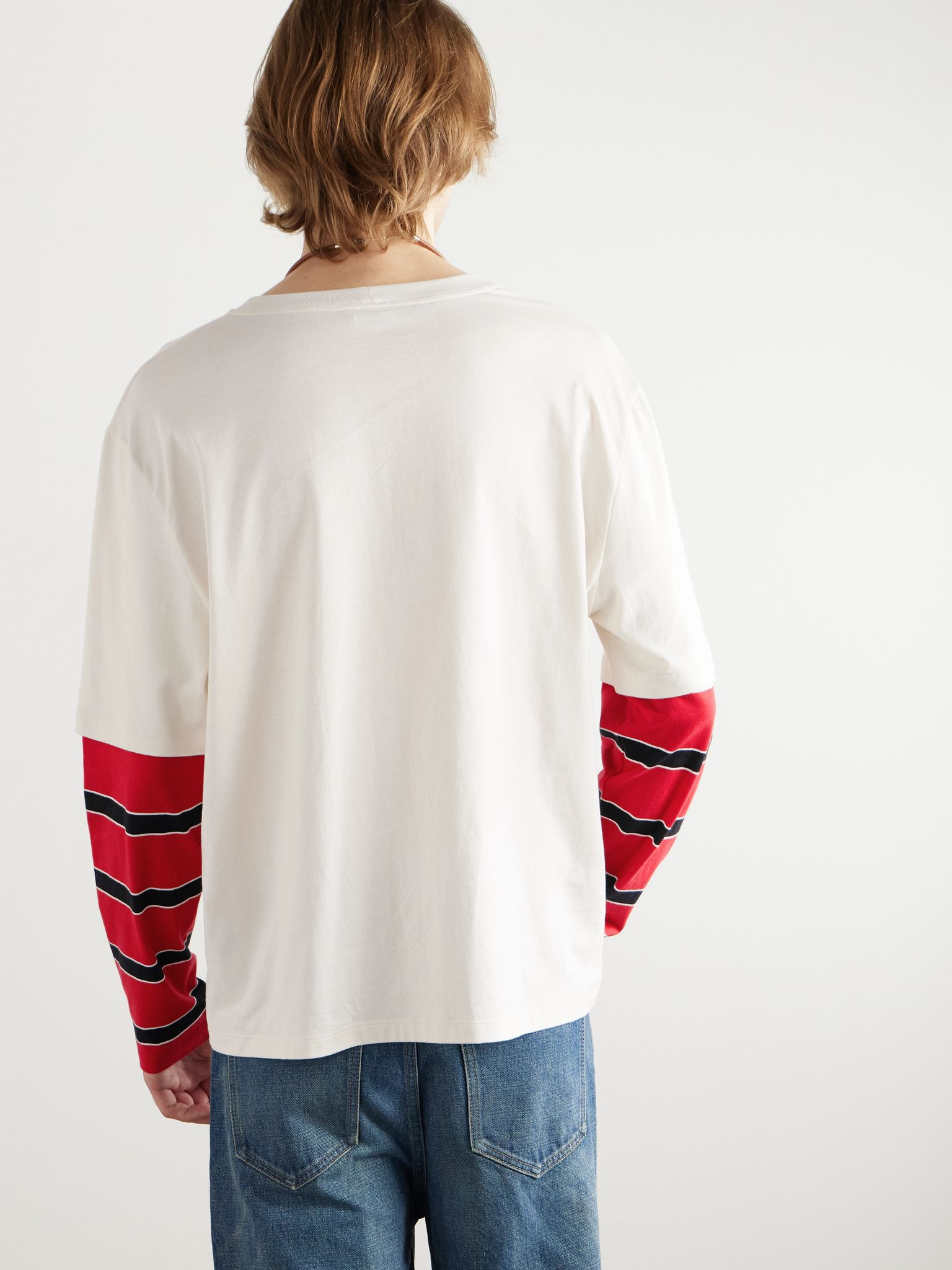 Logo-Print Layered Striped Cotton-Jersey T-Shirt Cream - 3