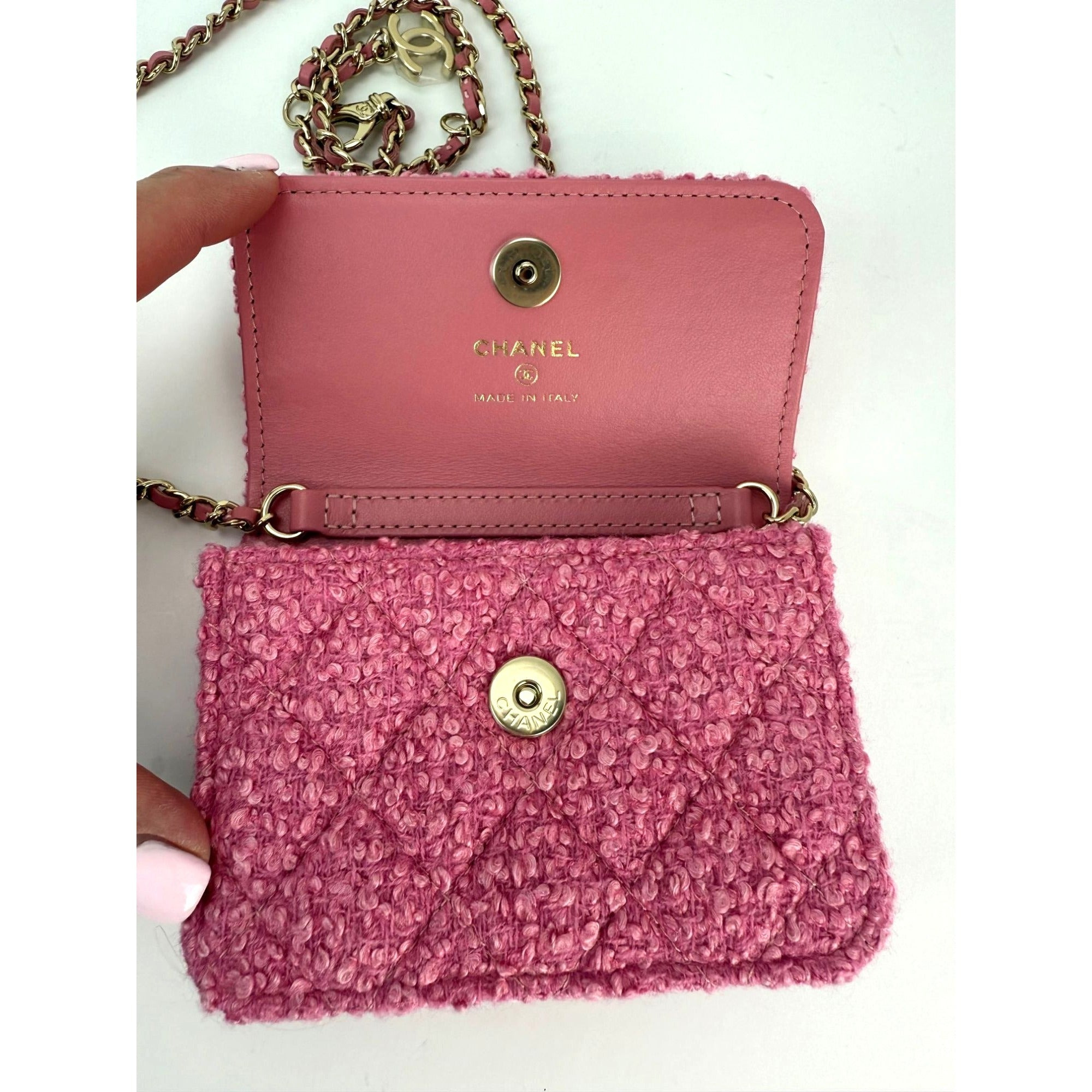 Chanel Tweed Quilted Mini Flap Pink Chain Waist Shoulder Bag - 6