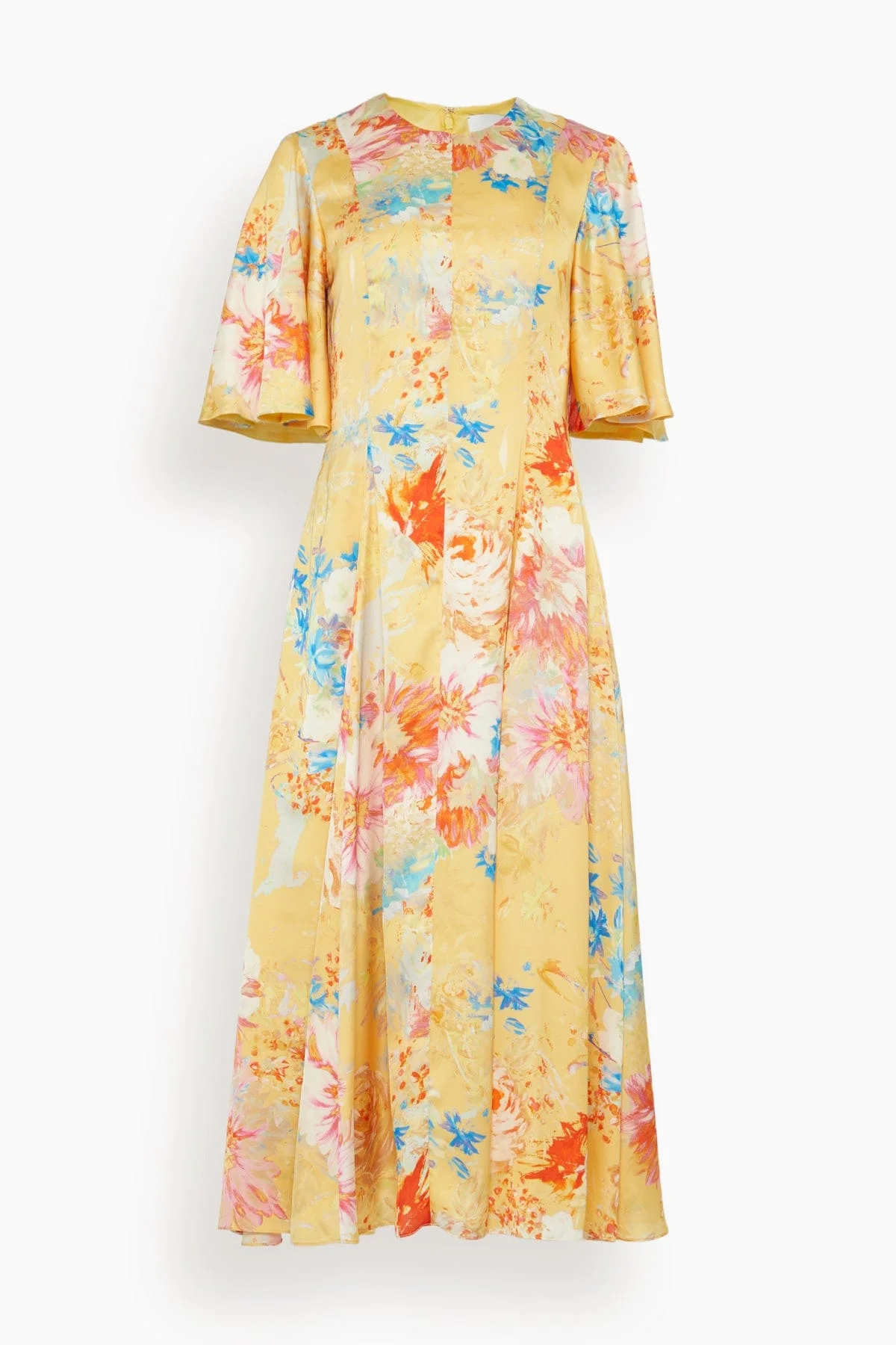 Sarah Printed Satin Midi Dress with Flutter Sleeve in Yellow Peony - 1