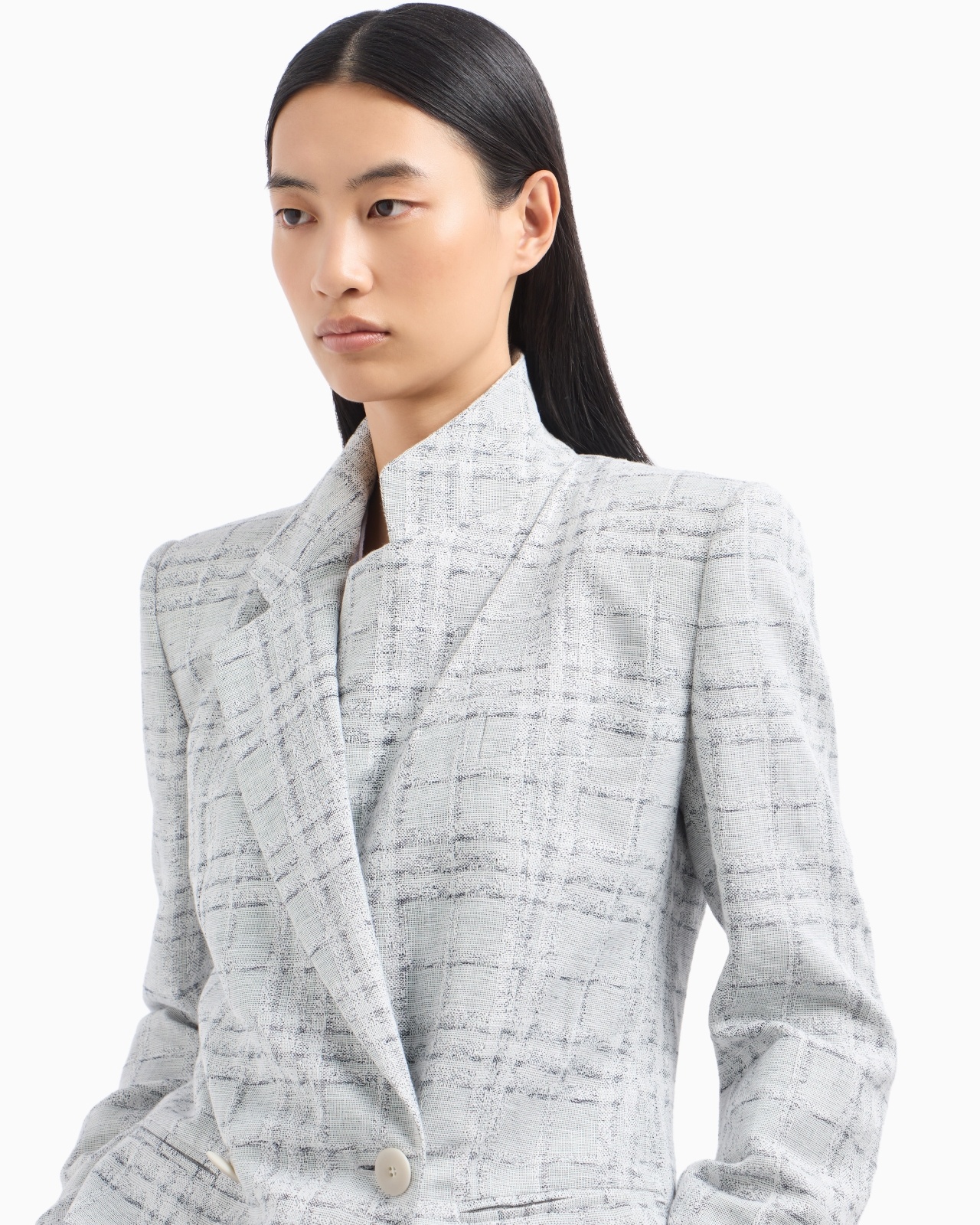 ICON DOUBLE-BREASTED LINEN-BLEND BLAZER WITH A CHECK MOTIF - 5