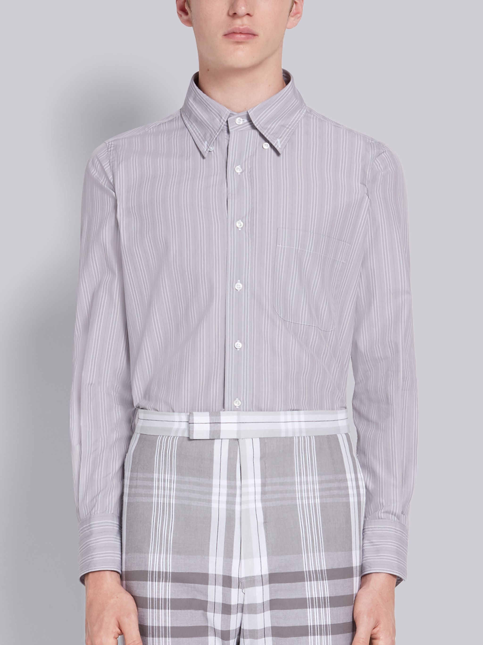 Medium Grey Poplin Hairline Stripe Long Sleeve Shirt - 1