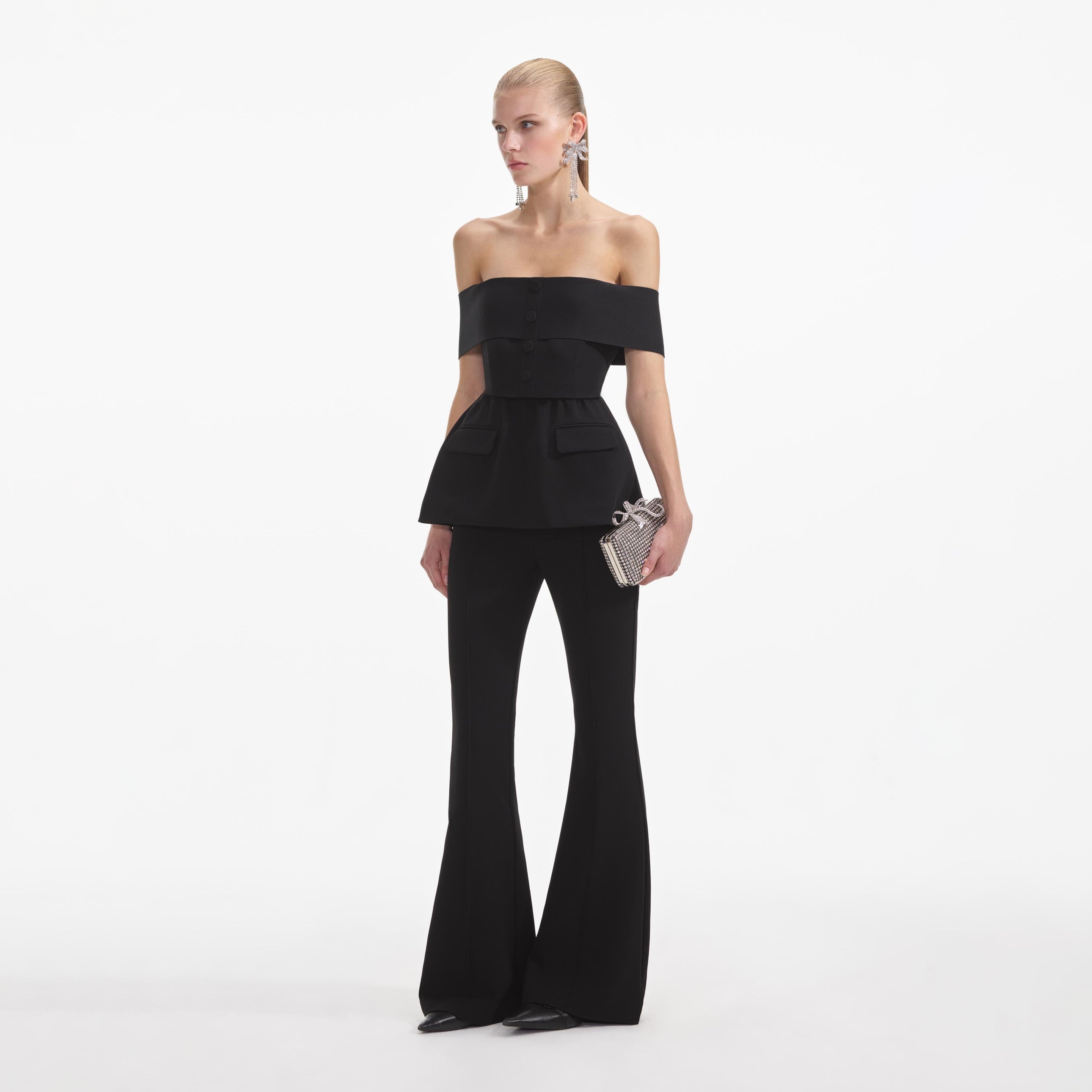 Black Crepe Off Shoulder Jumpsuit - 2