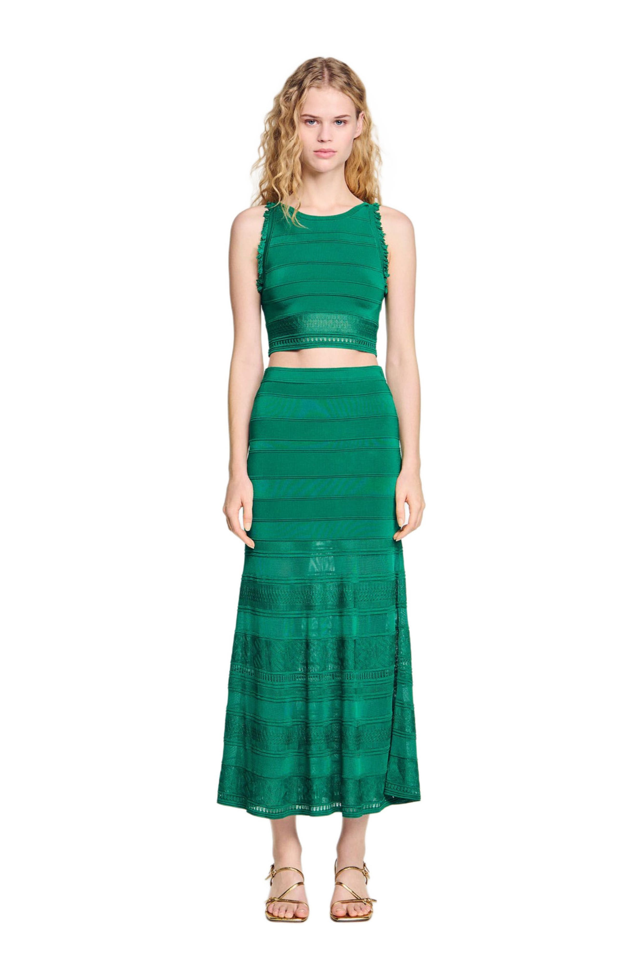 SANDRO Long decorative knit skirt in Emeuraude Green at Nordstrom - 3