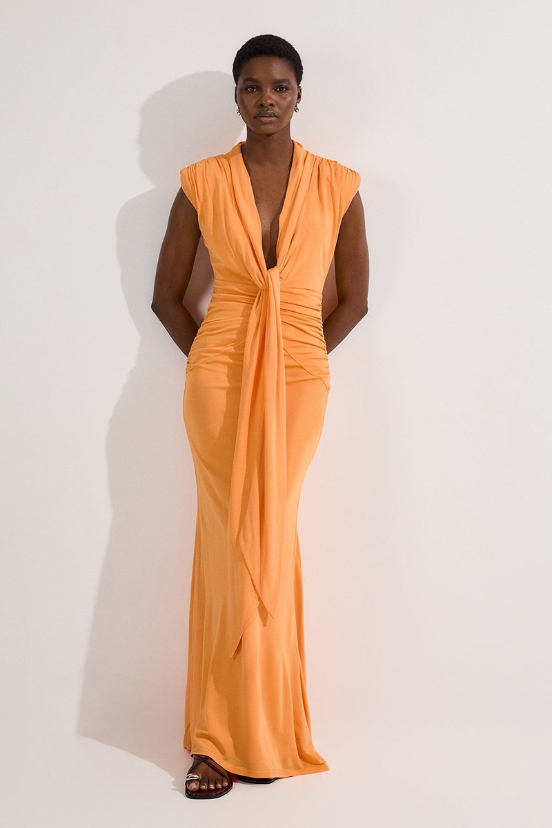 Plunge Ruched Twist Jersey Maxi Dress 1