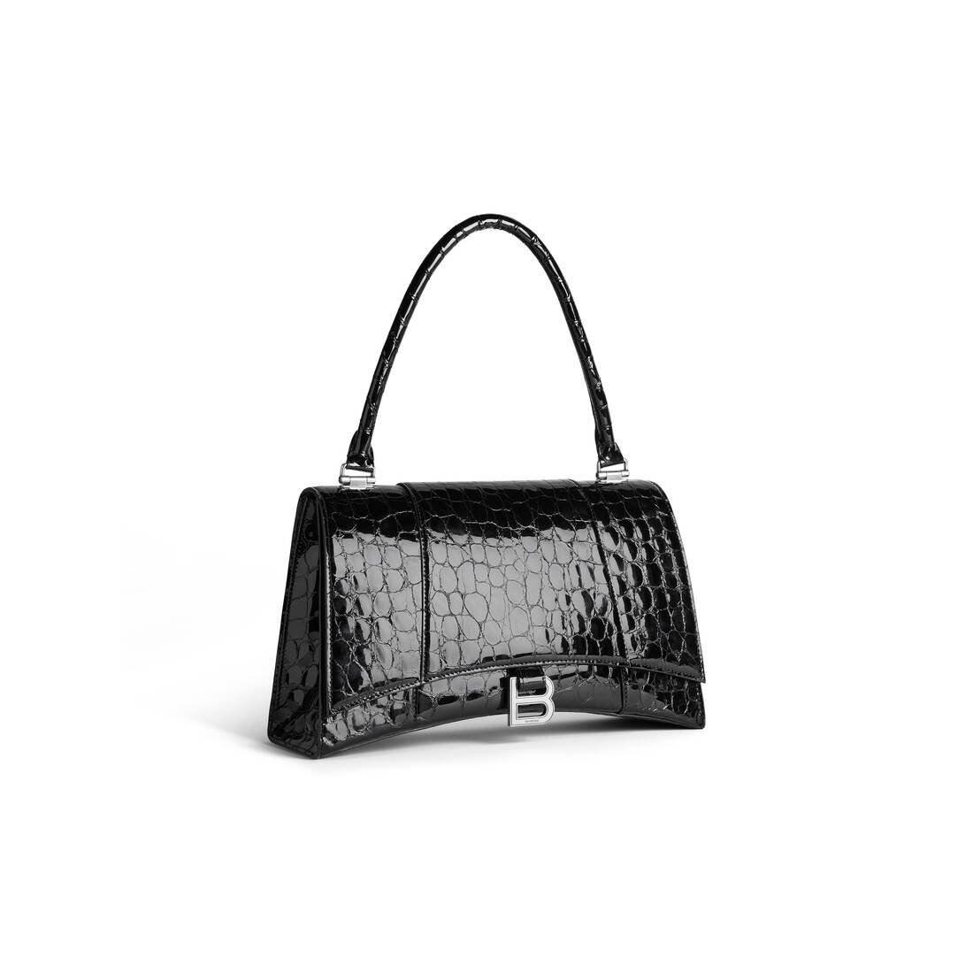 Women's Hourglass Hinge Medium Handbag Crocodile Embossed in Black - 5