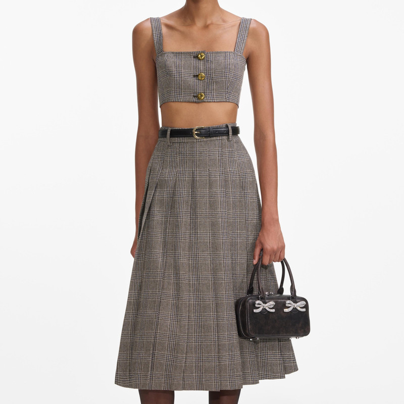 Brown Check Pleated 미디 스커트 4