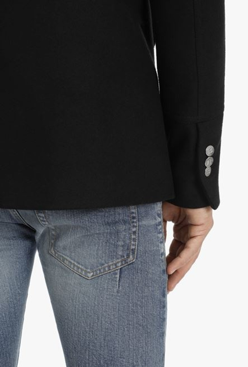 Black wool hooded pea coat with double-breasted silver-tone buttoned fastening 5