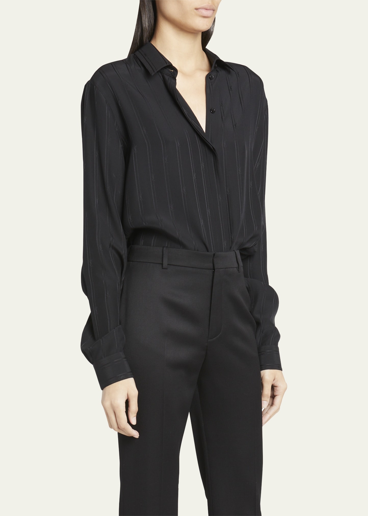 Silk Button-Front Shirt with Logo Stripes - 4