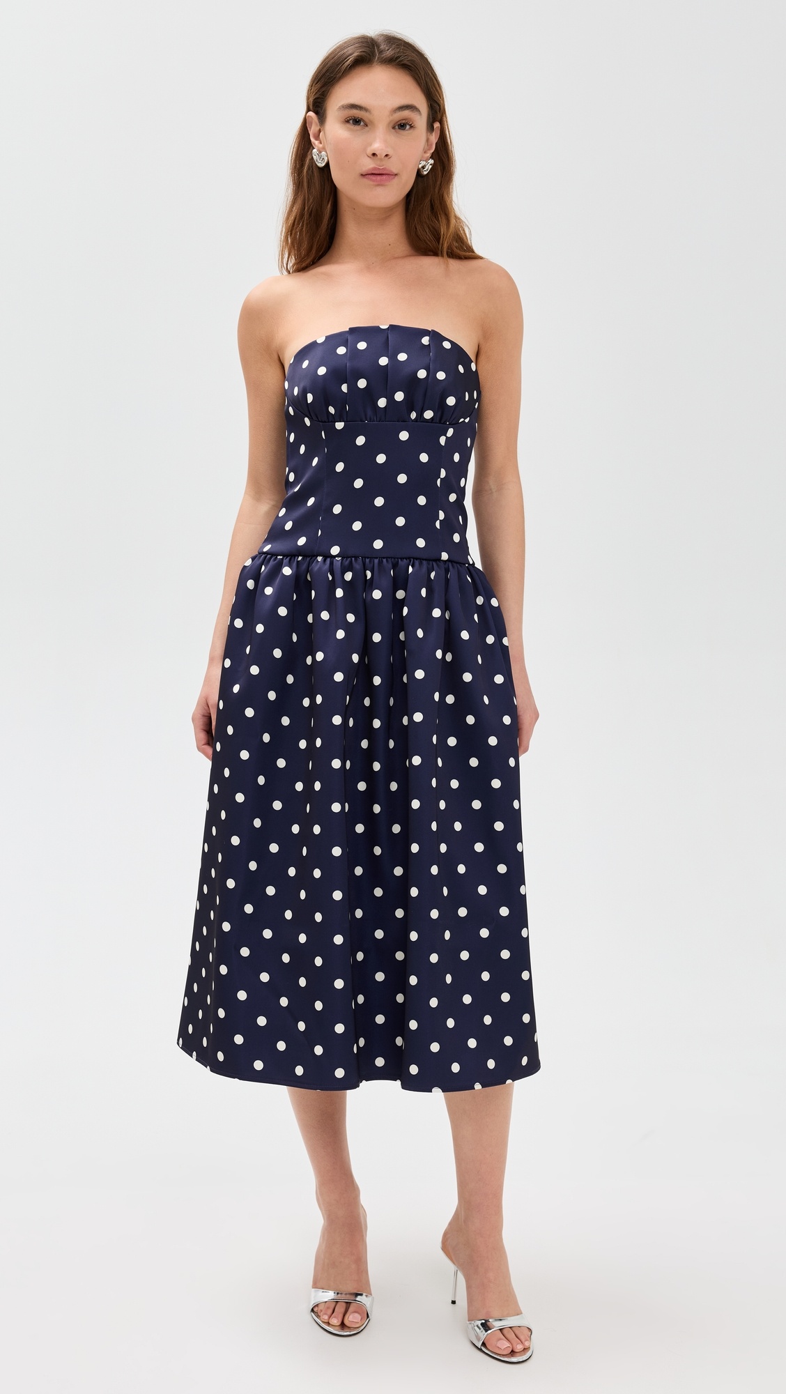 Navy Polka Dot Satin Midi Dress - 6