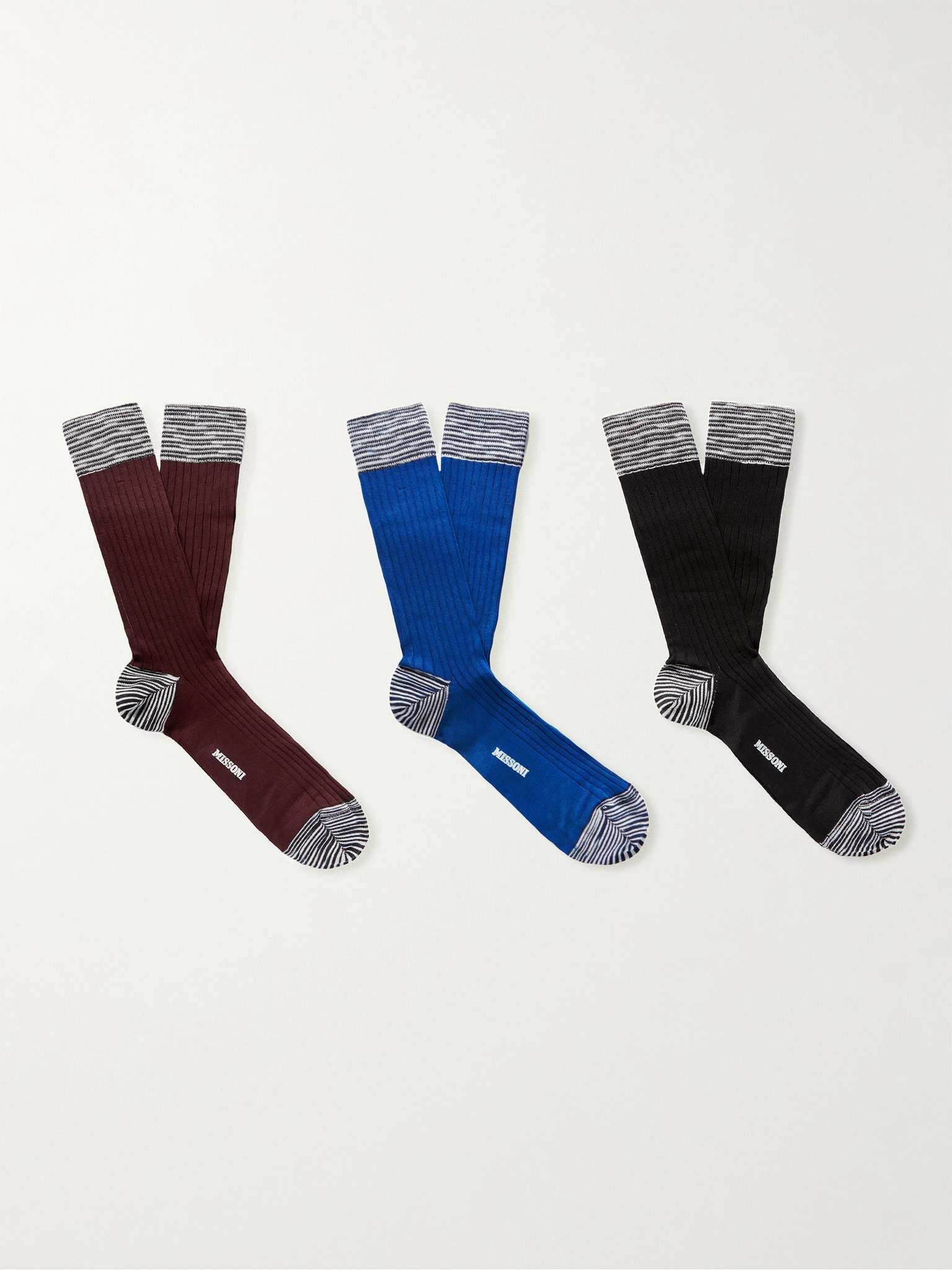 Set of Three Ribbed Cotton-Blend Socks - 1