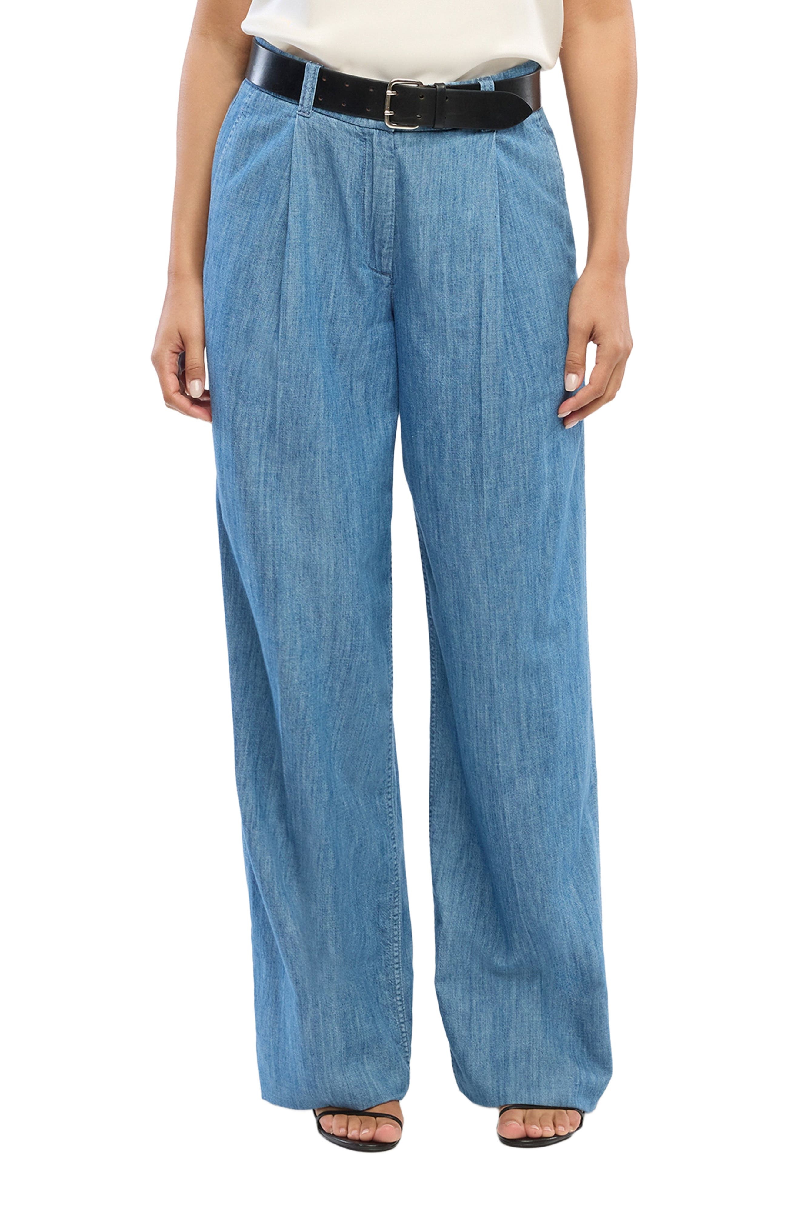 Another Tomorrow Chambray Relaxed Wide Leg Pant in Medium Blue at Nordstrom - 2