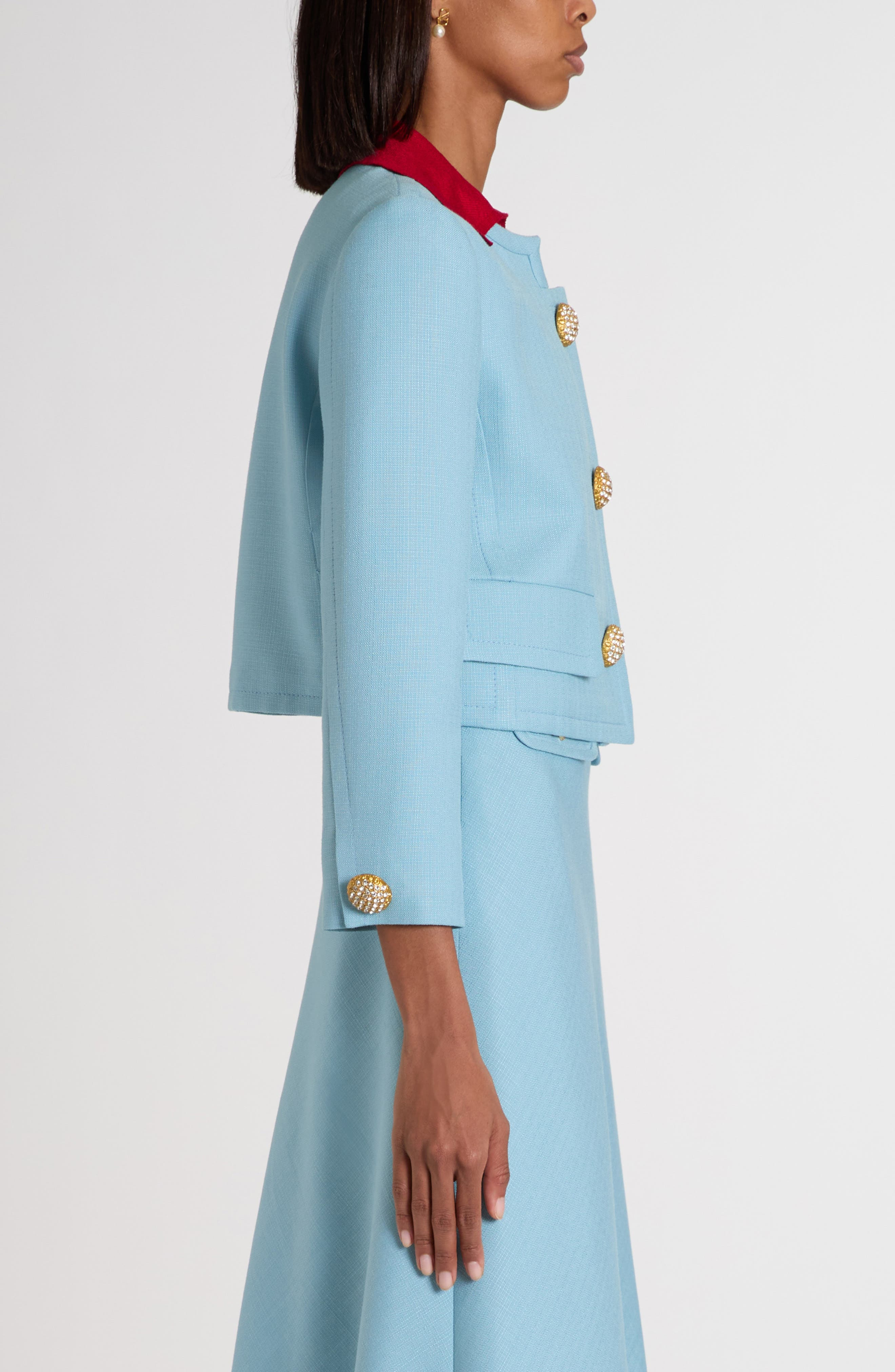 Valentino Garavani Crystal Button Crop Canvas Jacket in Grey/Blue at Nordstrom - 4