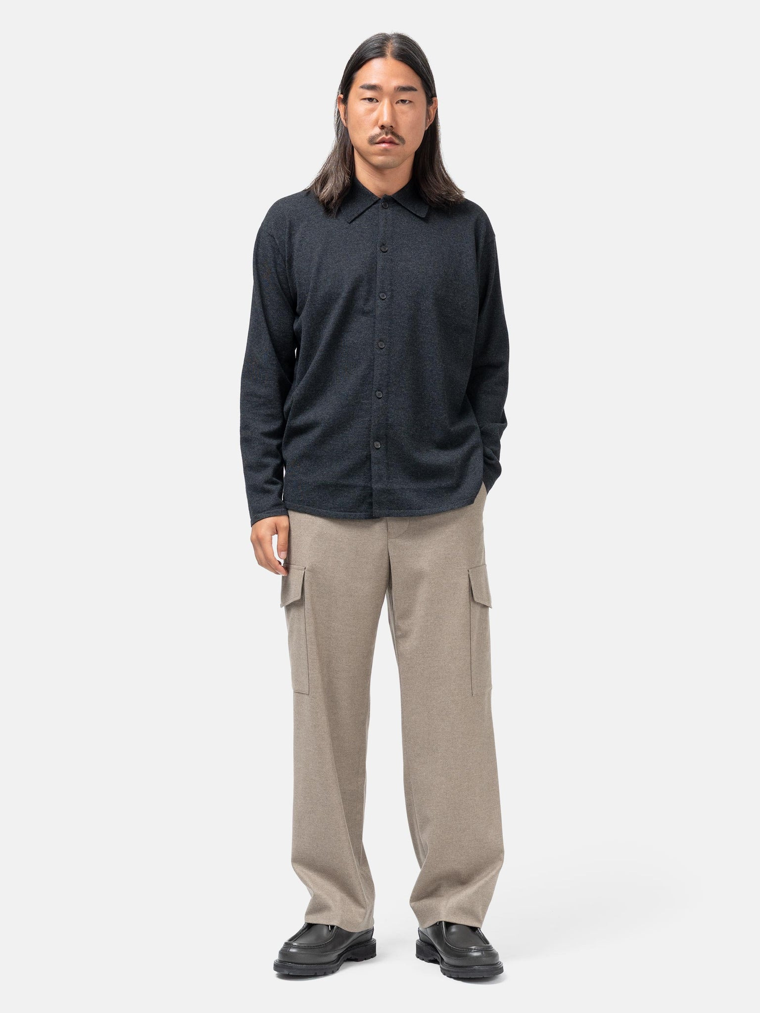High Twist Wool Knit Shirt Cardigan Charcoal - 2