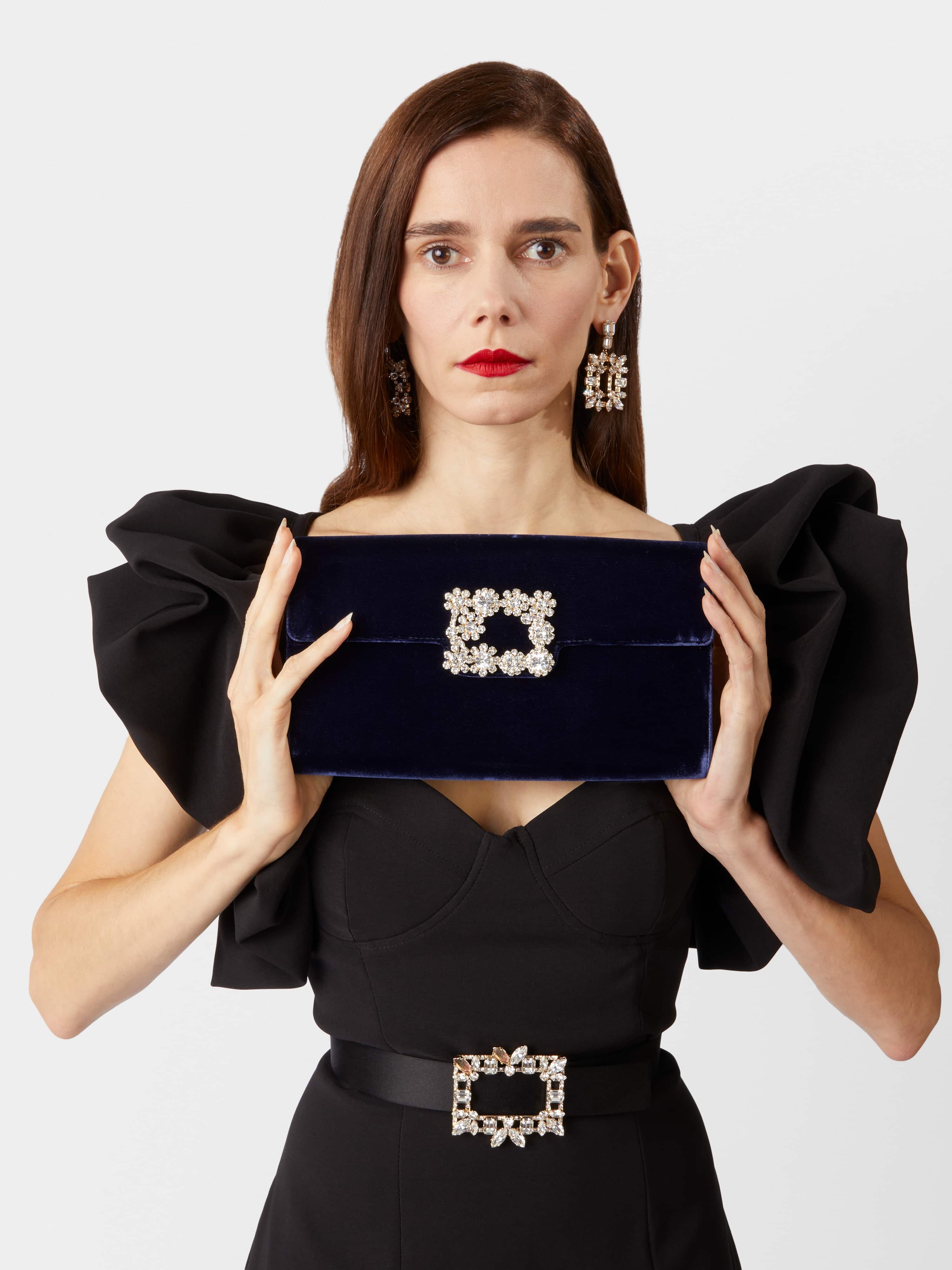 Flower Strass Buckle Clutch Bag in Velvet - 8