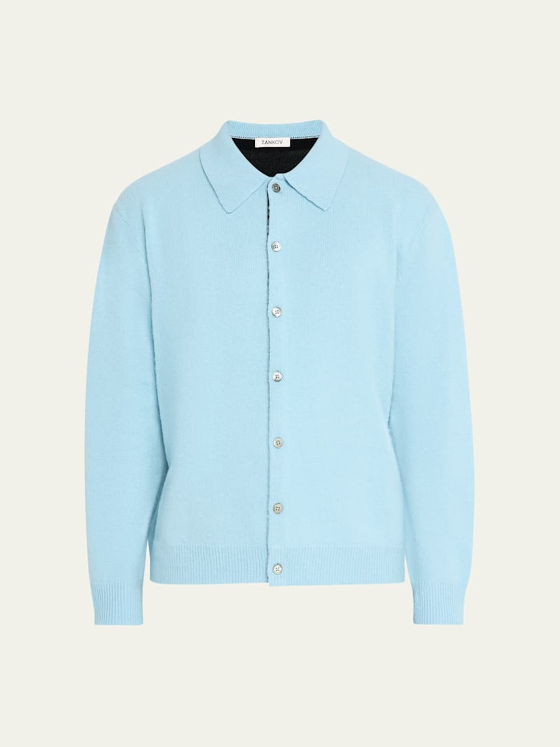 Men's Brushed Wool and Cashmere Color-Block Polo Cardigan 1