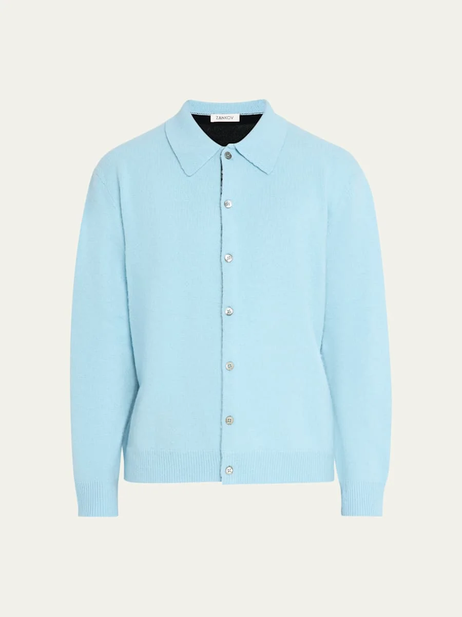 Men's Brushed Wool and Cashmere Color-Block Polo Cardigan - 1
