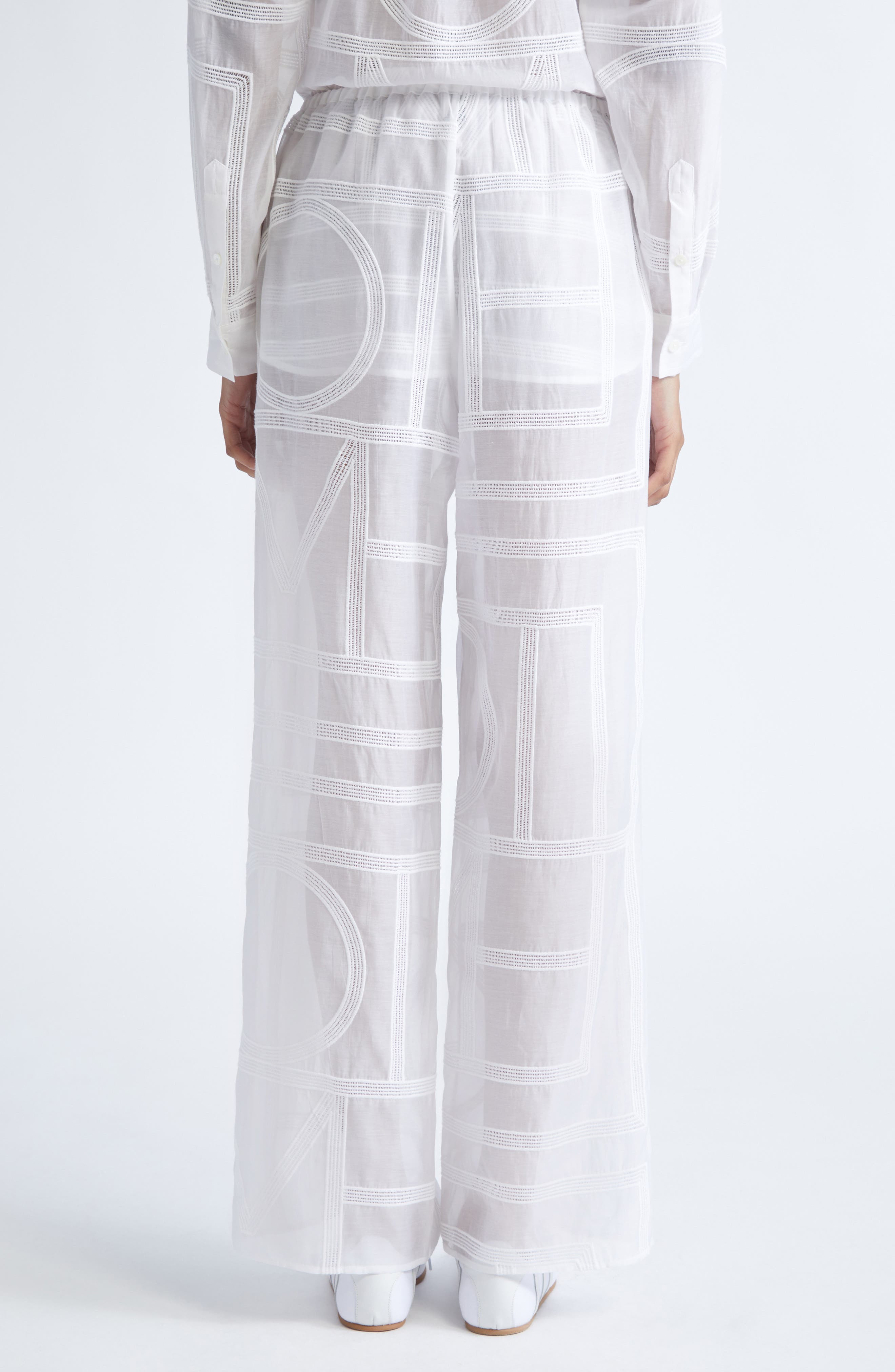 TOTEME Monogram Open Stitch Organic Cotton & Silk PJ Bottoms in White at Nordstrom - 3