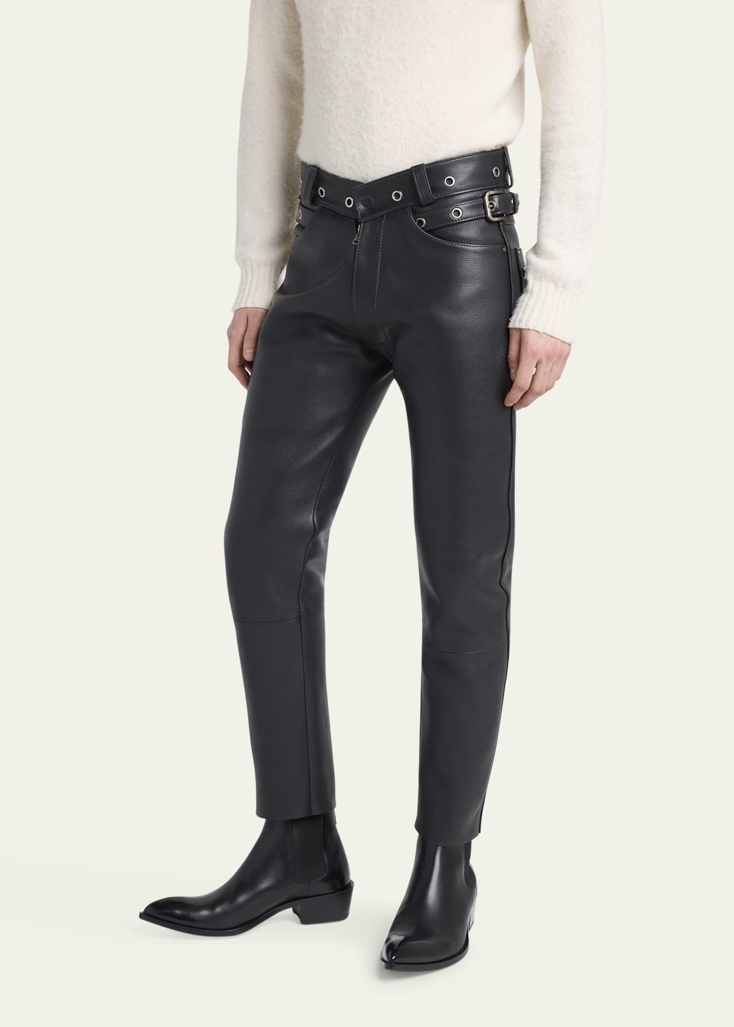 Men's Slim Fit Grained Leather Biker Pants - 4