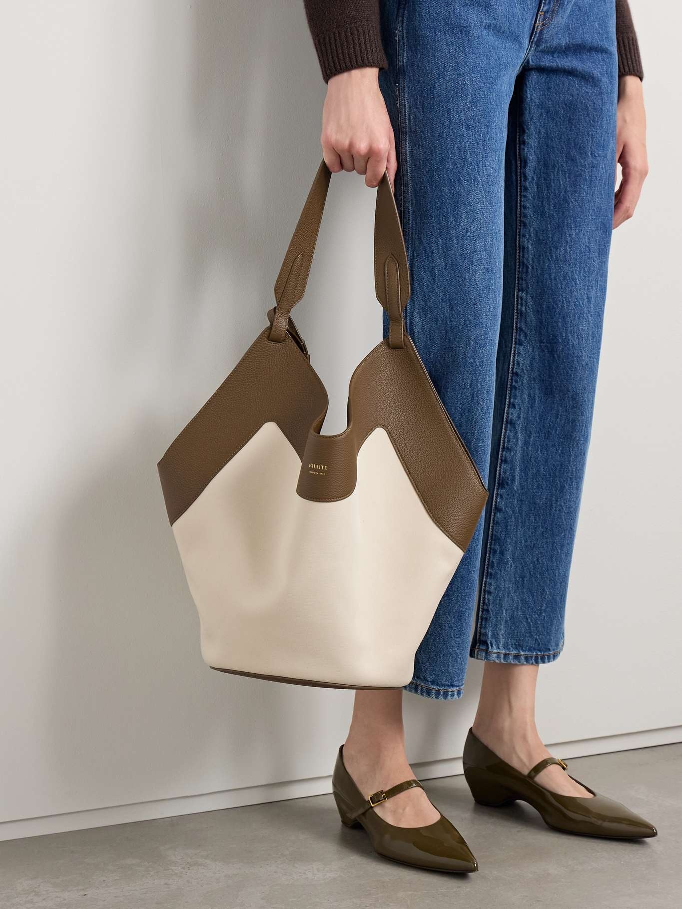 Lotus medium leather-trimmed canvas tote Cream - 2