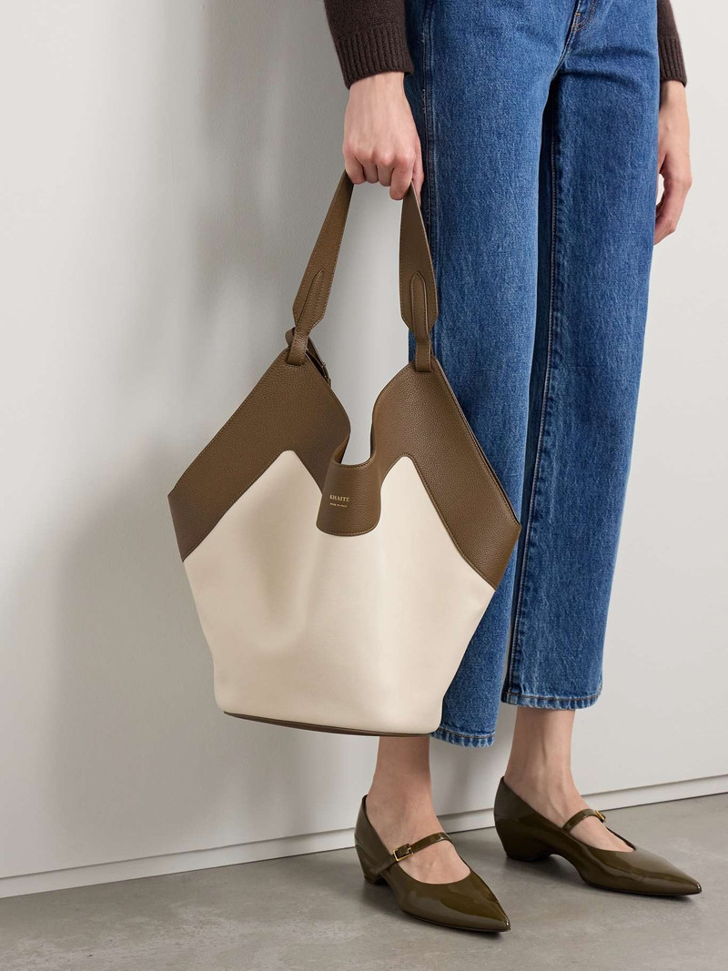 KHAITE Lotus medium leather-trimmed canvas tote Cream outlook