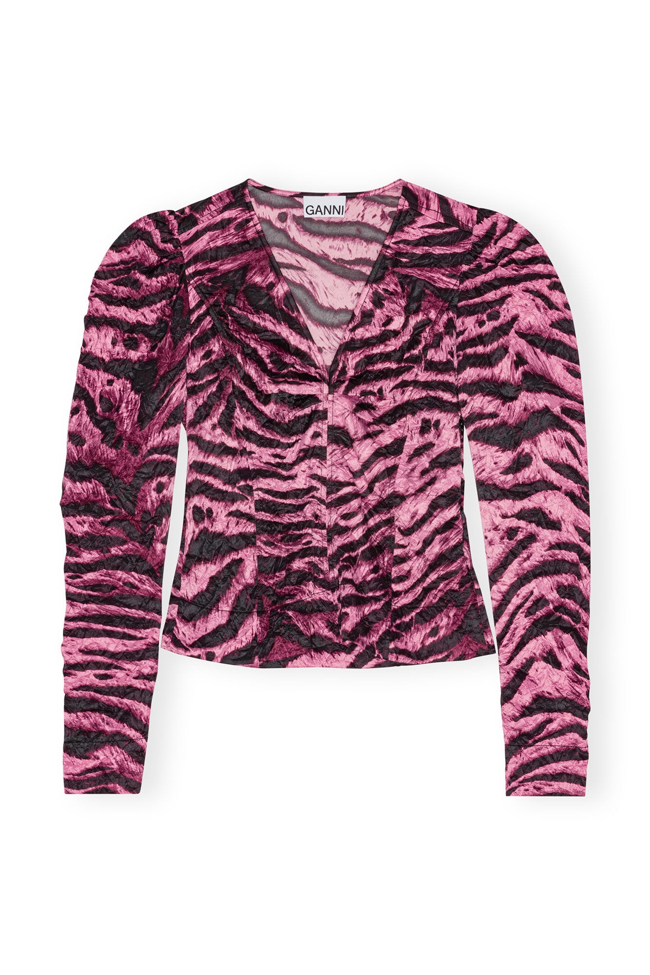 ANIMAL PRINTED CRINKLED SATIN V-NECK BLOUSE - 1