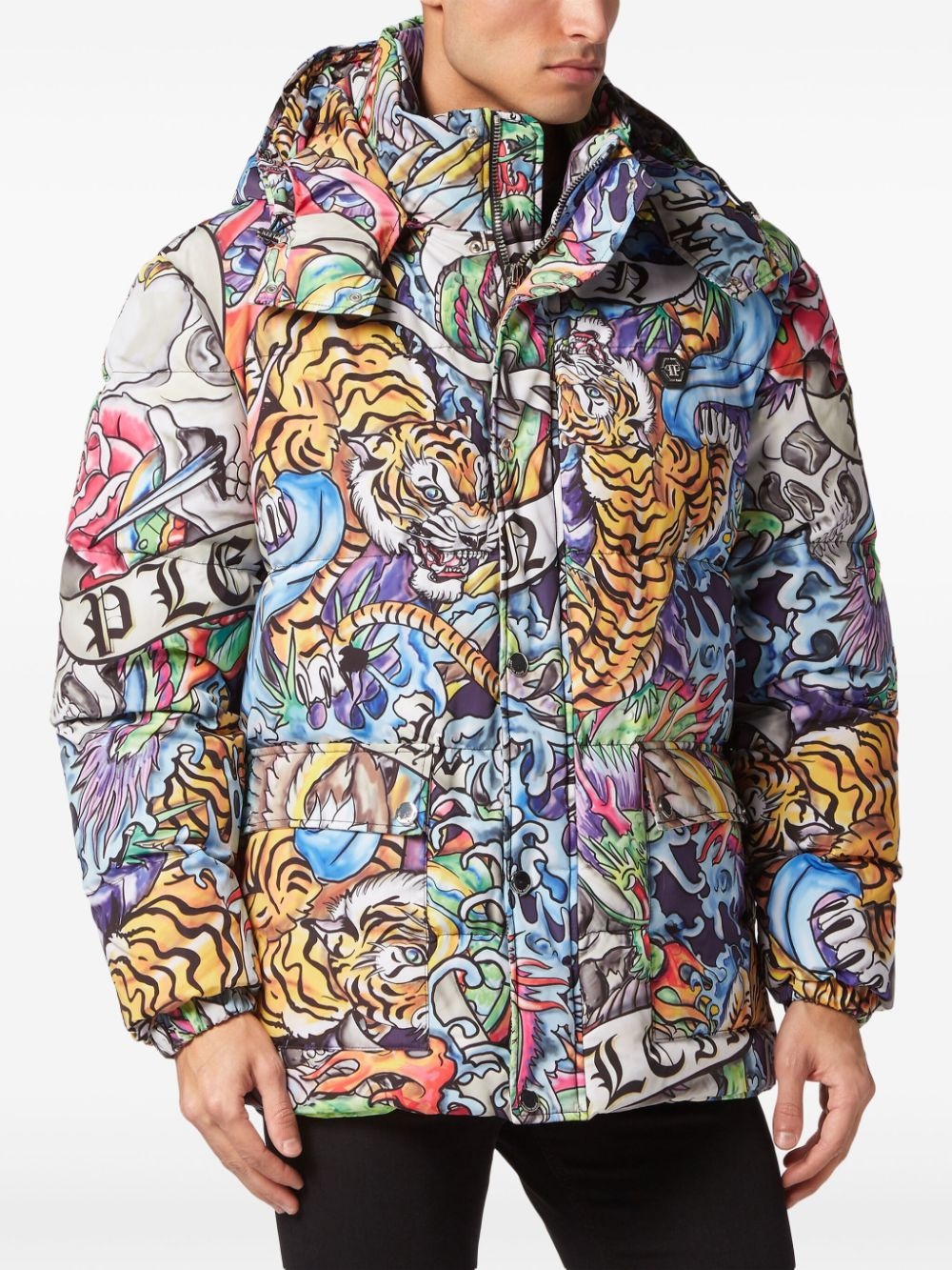 tattoo-print hooded puffer jacket - 3