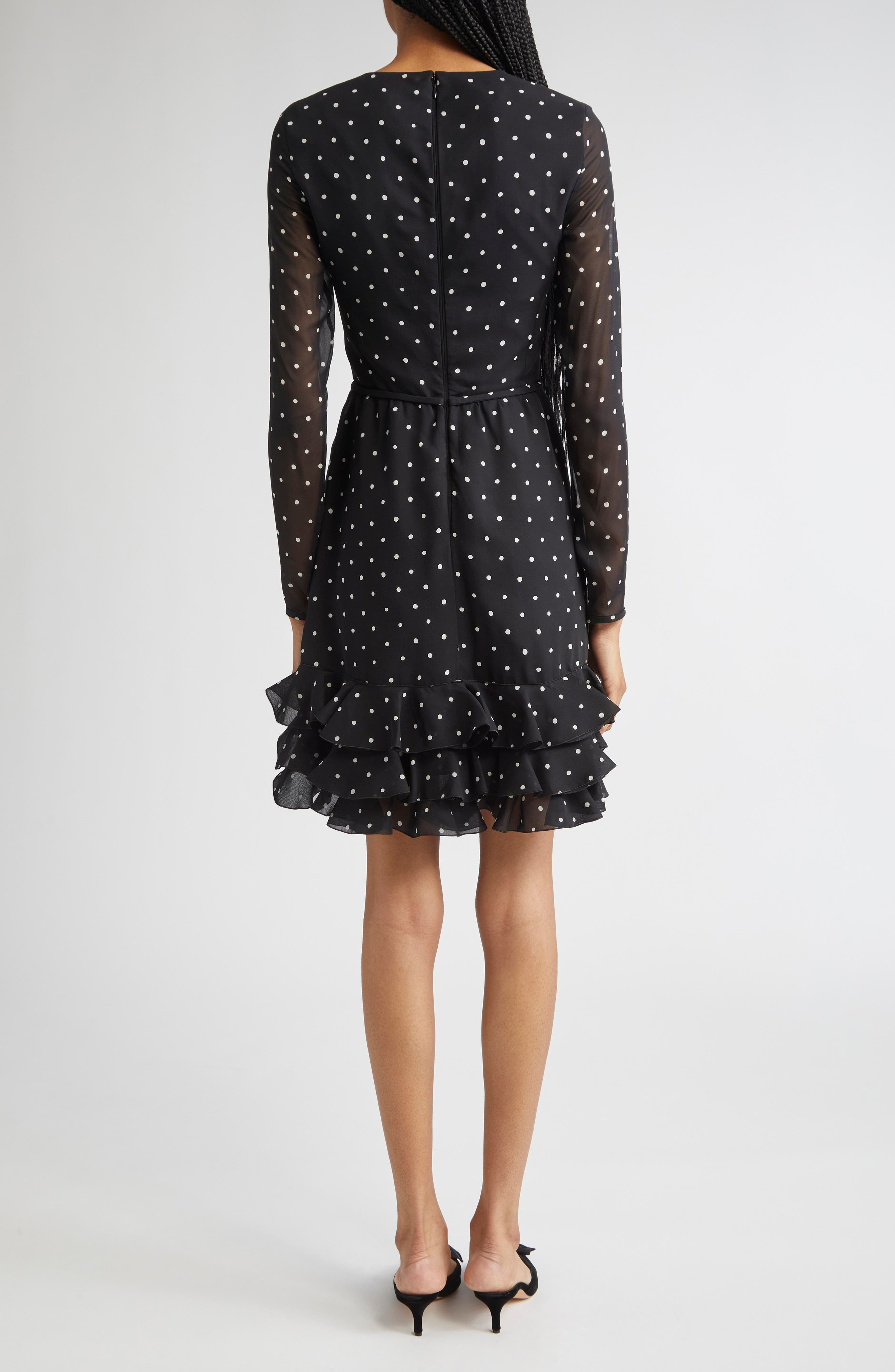Giambattista Valli Polka Dot Ruffle Hem Long Sleeve Silk Dress in Black at Nordstrom - 2