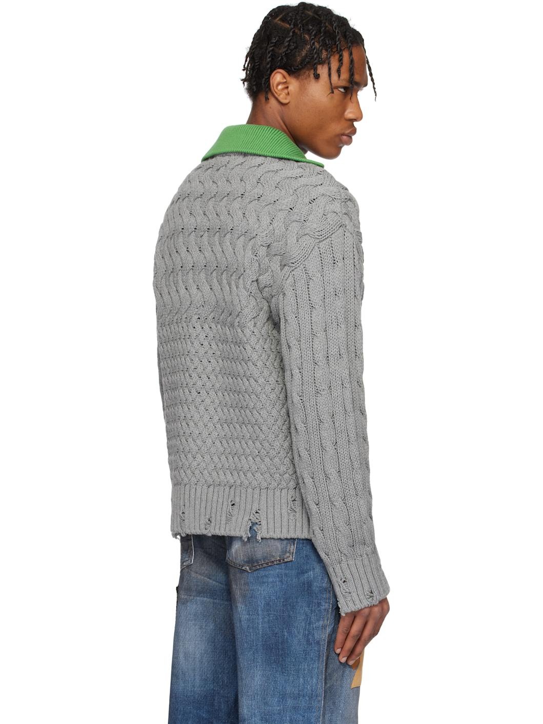 Gray Green Collar V-Neck Cardigan - 3