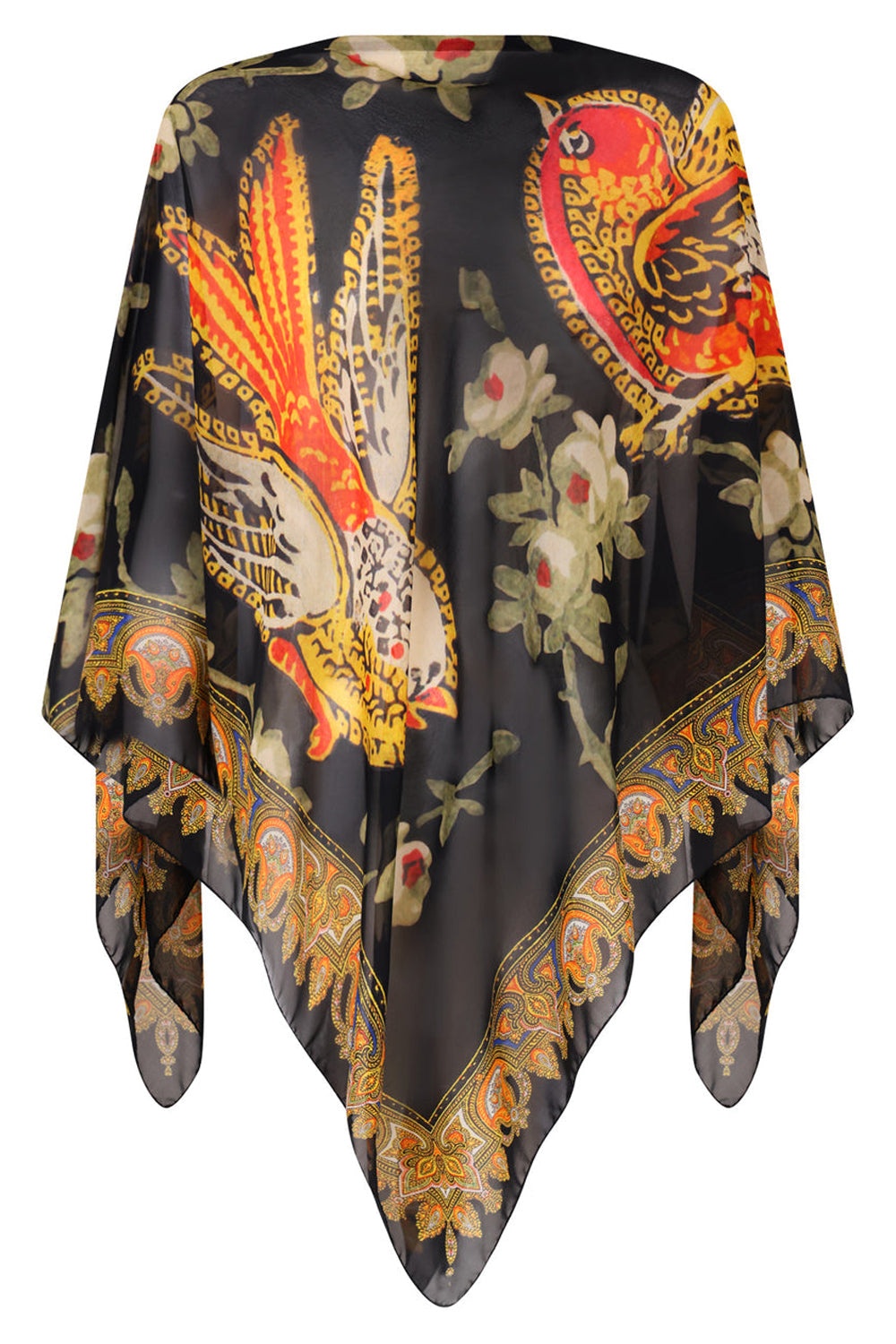 BIRD PRINT GEORGETTE PONCHO | BLACK - 1