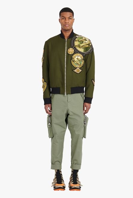 Khaki aviator teddy jacket with Balmain badges - 4