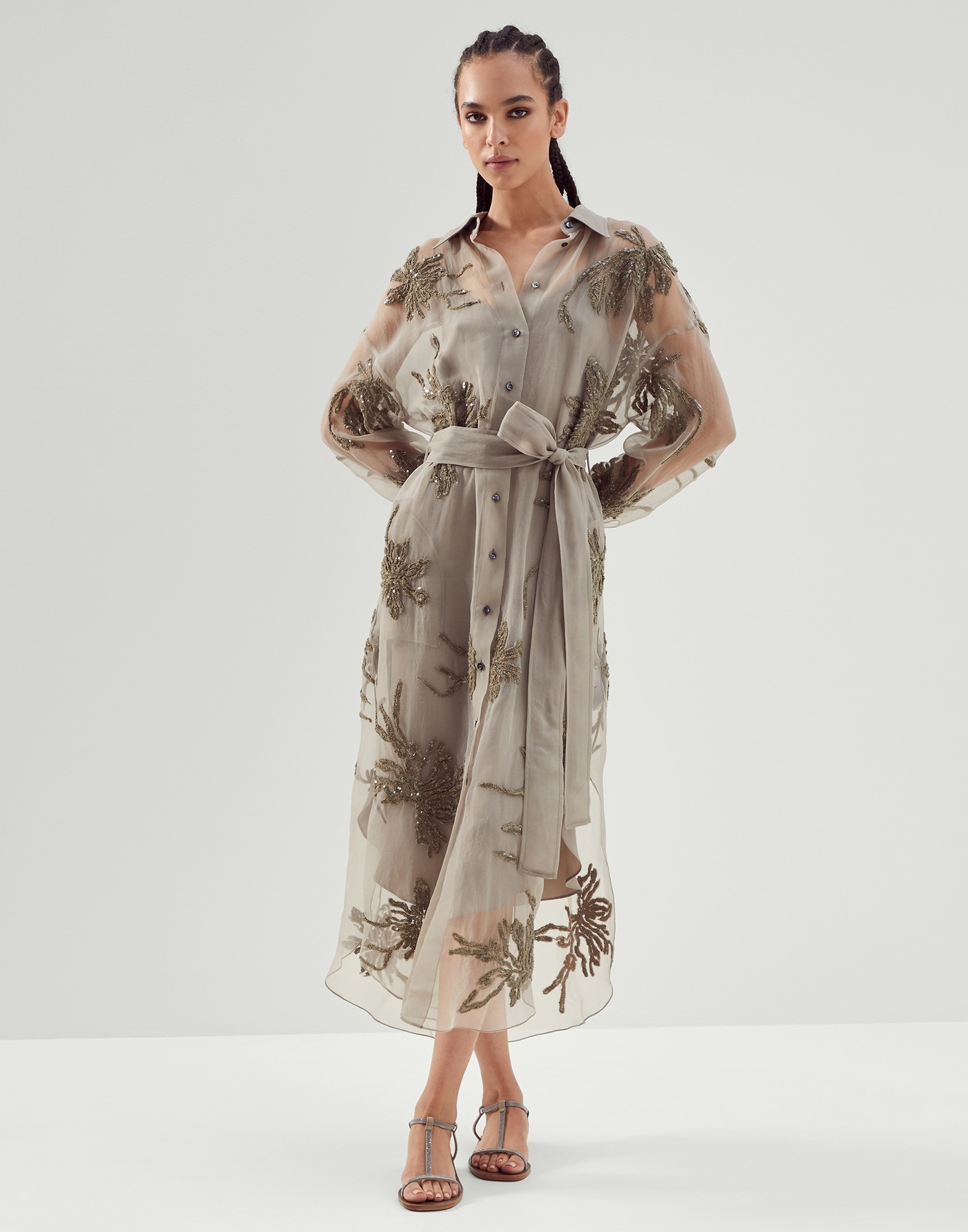 Crispy silk shirt dress with marine flower embroidery - 1