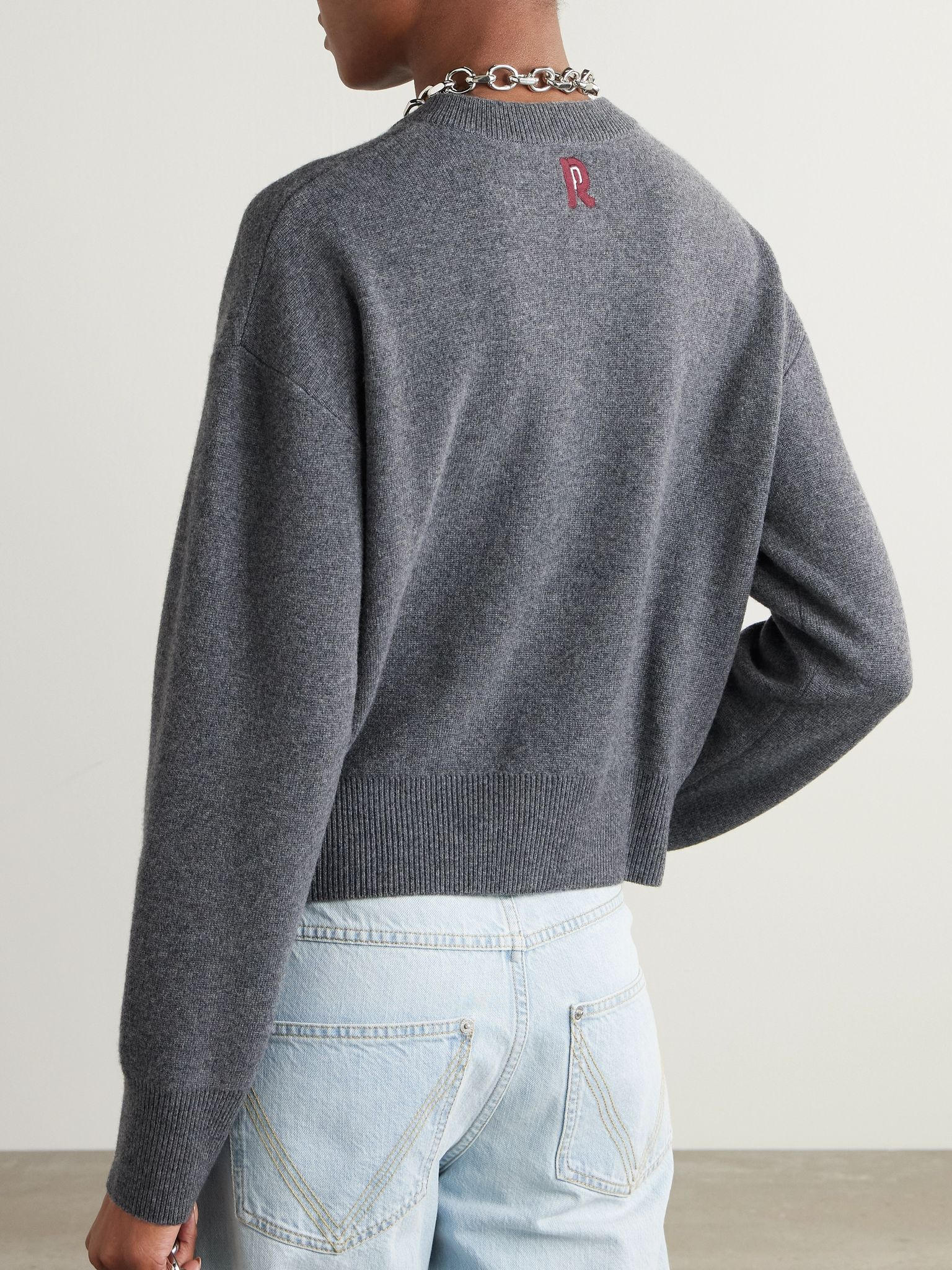 Embroidered crystal-embellished wool and cashmere-blend cardigan Dark gray - 3